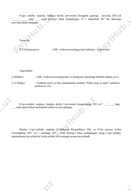 urlash tili c++ tili byarn straustrup tomonidan 1980 yil boshlarida ishlab chiqilgan. c++ tilida yaxshi dastur tuzish uchun “aql, farosat va sabr” kerak bo’ladi. bu til asosan tizim sathida dasturlovchilar uchun yaratilgan. c/c++ algoritmik tilining alifbosi: 1. 26 ta lotin va 32 ta kirill harflari (katta va kichik); 2. 0 dan 9 gacha bo’lgan arab raqamlari; 3. maxsus belgilar: - + * / : ; . , % ? ! = “” № { } [ ] ( ) $ # & ^ va h.k. dastur bajarilishi jarayonida o’z qiymatini o’zgartira oladigan kattaliklar o’zgaruvchilar deyiladi. o’zgaruvchilarning nomlari harfdan boshlanuvchi harf va raqamlardan iborat bo’lishi mumkin. o’zguruvchilarni belgilashda katta va kichik harflarning farqlari bor. (a va a harflari 2 ta o’zgaruvchini bildiradi) har bir o’zgaruvchi o’z nomiga, toifasiga, xotiradan egallagan joyiga va son qiymatiga ega bo’lishi kerak. o’zgaruvchiga murojaat qilish uning ismi orqali bo’ladi. o’zgaruvchi uchun xotiradan ajratilgan joyning tartib raqami …