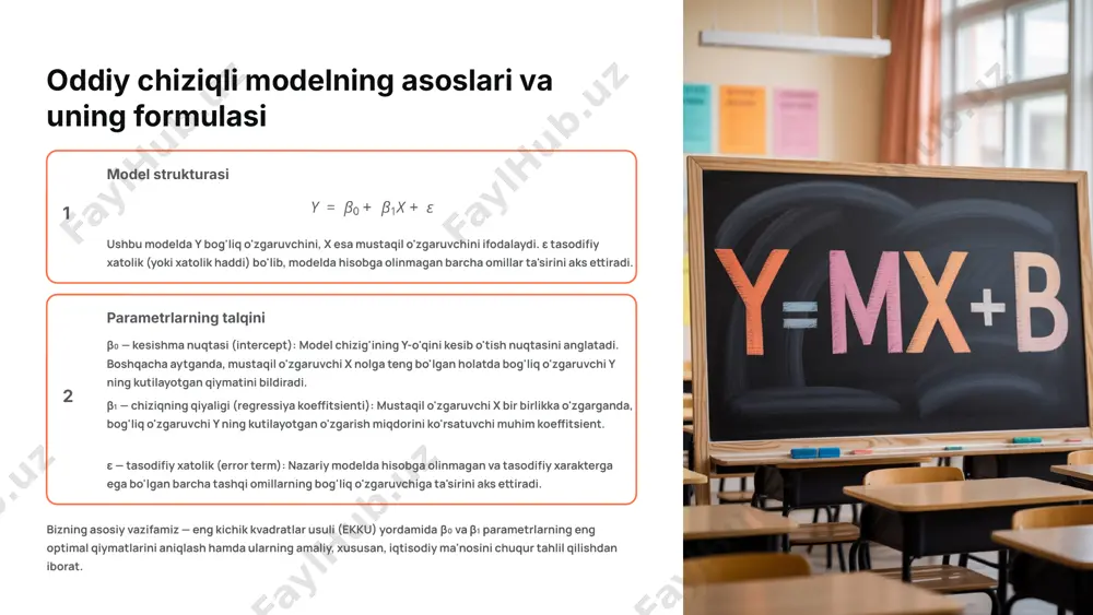 youts/_rels/slidelayout2.xml.rels ppt/slidelayouts/_rels/slidelayout3.xml.rels ppt/slidelayouts/_rels/slidelayout4.xml.rels ppt/slidelayouts/_rels/slidelayout5.xml.rels ppt/slidelayouts/_rels/slidelayout6.xml.rels ppt/slidelayouts/_rels/slidelayout7.xml.rels ppt/slidelayouts/_rels/slidelayout8.xml.rels ppt/slidelayouts/_rels/slidelayout9.xml.rels ppt/slidemasters/_rels/slidemaster1.xml.rels ppt/slides/_rels/slide1.xml.rels ppt/slides/_rels/slide10.xml.rels ppt/slides/_rels/slide11.xml.rels ppt/slides/_rels/slide12.xml.rels ppt/slides/_rels/slide13.xml.rels ppt/slides/_rels/slide14.xml.rels ppt/slides/_rels/slide15.xml.rels ppt/slides/_rels/slide16.xml.rels ppt/slides/_rels/slide2.xml.rels ppt/slides/_rels/slide3.xml.rels ppt/slides/_rels/slide4.xml.rels ppt/slides/_rels/slide5.xml.rels ppt/slides/_rels/slide6.xml.rels ppt/slides/_rels/slide7.xml.rels ppt/slides/_rels/slide8.xml.rels ppt/slides/_rels/slide9.xml.rels [content_types].xml ekonometrik modellar parametrlarini baholashda eng kichik kvadratlar usulining metodologik ahamiyati reja: 1.eng kichik kvadratlar usuliga kirish 2.eng kichik kvadratlar usulining matematik asoslari 3.parametrlarni baholashda r-kvadrat statistikasi: model mosligini aniqlash 4.eng kichik kvadratlar usulining istiqbollari va rivojlanish yo'nalishlari eng kichik kvadratlar usuliga kirish asosiy maqsad eng kichik kvadratlar usulining asosiy maqsadi — kuzatilgan ma'lumotlar to'plamiga eng optimal tarzda mos keladigan chiziqli yoki chiziqli bo'lmagan modelni aniqlashdir. ushbu usul iqtisodiy jarayonlar va hodisalarni matematik jihatdan modellashtirish hamda ularning o'zaro bog'liqliklarini miqdoriy jihatdan baholash imkonini beradi. eng kichik kvadratlar prinsipi model chizig'i va har bir kuzatuv nuqtasi orasidagi vertikal masofalarning kvadratlari yig'indisini minimallashtirish orqali modelning eng samarali parametrlarini aniqlash, bu esa eng yaxshi moslikni ta'minlaydi. matematik asoslar parametrlarni hisoblash jarayoni statistik dispersiy