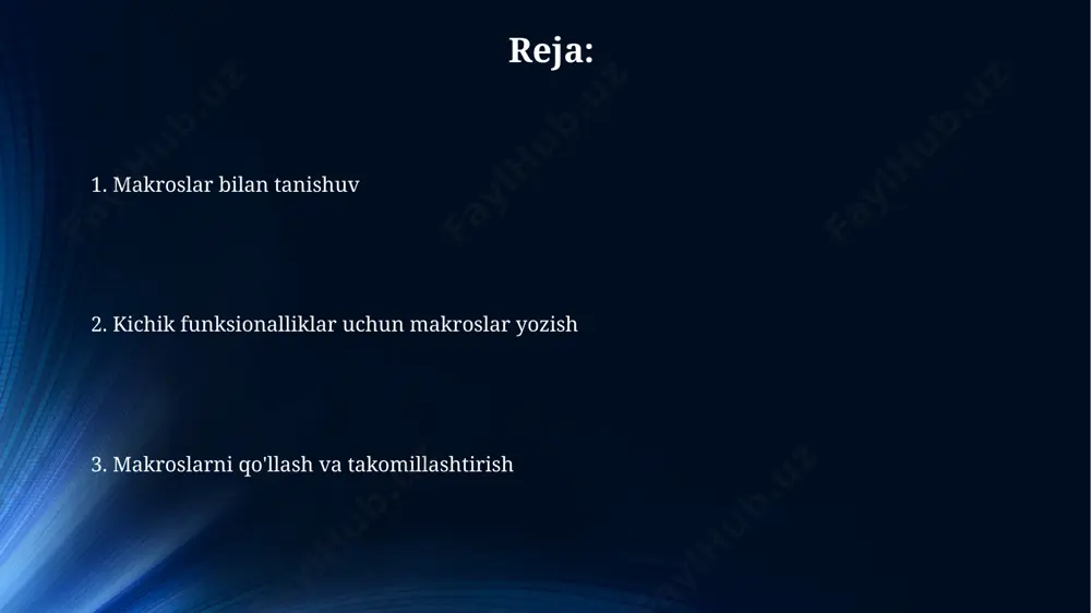 ado (activex data objects) dan foydalanishi mumkin, ma'lumotlarni olish, o'zgartirish va saqlash imkoniyatini beradi. makro yozishda eng yaxshi amaliyotlar makrolarni yozishda aniq nomlash konventsiyalaridan foydalanish muhim. 10 dan ortiq belgidan iborat tavsiflovchi nomlar, masalan, format_data_for_export, kodning o'qilishini oshiradi. xatolarni qayta ishlash makrolarning muhim qismidir. on error resume next dan foydalanib, xatolarni ushlang va xabar bering, lekin ularni global o'zgaruvchilarga ta'sirini 5 martagacha cheklang. makro yozishda xatolarni tuzatish makro yozishda xatolarni tuzatish uchun, birinchi navbatda, debug.print usulidan foydalanib, o'zgaruvchilarning qiymatlarini tekshiring. bu, ayniqsa, sikllar va shart operatorlari ichida muhim. makro kodini qadam-baqadam bajarish (f8 tugmasi) orqali xatolarni topish mumkin. agar 'type mismatch' kabi xatoliklar yuzaga kelsa, o'zgaruvchilarning ma'lumot turlarini tekshirish zarur. e'tiboringiz uchun rahmat image5.jpg image6.jpg image7.jpg image8.jpg image9.jpg image10.jpg image11.jpg image1.jpeg