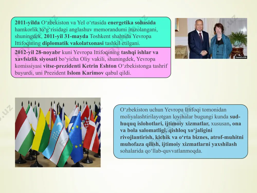 teng imkoniyatlar yaratilganidan mamnun bo'ldi. 2001-yilda o'zbekiston—germaniya—rossiya hamkorligidagi „namangan qog'oz" qo'shma korxonasi qurilib, ishga tushirildi. o'zbekiston prezidenti i. a. karimovning 2001-yil 2-5-aprel kunlari germaniya federativ respublikasiga, germaniya federal kansleri gerxard shryoderning 2002-yil 9-10-may kunlari o'zbekistonga qilgan rasmiy safarlari o'zbekiston— germaniya o'rtasidagi o'zaro manfaatli hamkorlikni yangi bosqichga ko'tardi.asi qurilib, ishga tushirildi. o’zbekiston va niderlandiya gollandiya agrar xo'jaligi texnologiyasi, urug' va nasllari, mehnat usullaridan o'zbekistonda foydalanishga kelishildi. bugungi kunda o'zbekistonda gollandiya kartoshka urug'lari ekilib, mo'l hosil yetishtirilmoqda. 1994-yil 9—12-iyun kunlari o'zbekiston davlat delegatsiyasi niderlandiya (gollandiya)da bo'ldi, qirolicha veatriks va hukumat boshlig'i — bosh vazir rudolf lyubbers bilan ikki tomonlama hamkorlik to'g'risida suhbatlar bo’ldi. o’zbekiston va fransiya f.mitteran qabul marosimida nutq so'zlab: „hozirgi siyosiy vaziyatda markaziy osiyoda yetakchi o'rinni egallab turgan mustaqil o'zbekiston sharq bilan g'arb o'rtasida ishonchli ko'prik bo'lishi mumkin. ko'p asrlik tarix teran an'analarga ega bo'lgan, insoniyatning faxriga aylangan allomalarni yetkazib bergan o'zbekiston doimo fransuzlarning diqqatini tortib kelgan. bu tashrifdan keyin …