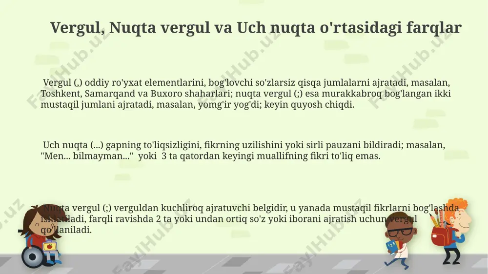 latiladi, masalan, dushanba kuni, toshkent shahrida, uchrashuv bo'lib o'tdi. vergul, jumla ichida 2 dan ortiq bir xil tuzilishdagi sodda gaplarni bog’lashda, masalan, samarqand, buxoro va xivada sayohat qilganimizda, qo'llaniladi. e'tiboringiz uchun rahmat @taqdimot_robot image1.png