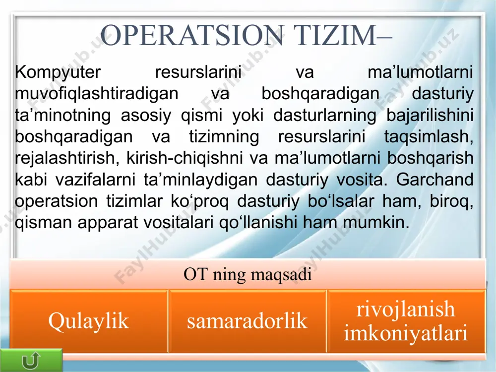 i bell laboratory tomonidan 1969 yili taklif qilingan, azaldan tarmoqlarda ishlatish uchun mo‘ljallangan edi. hozirgi kunda unix, si tilida yozilgan ko‘pfoydalanuvchili va ko‘pmasalali operatsion tizim. tizimning bosh tarkibiy qismi bo‘lib mikroo‘zak hisoblanadi. uning ichiga tarmoqlararo uzatishni boshqarish bayonnomasini/ bajaruvchi modul joylashtirilgan. unix linux operatsion tizimi. o‘zagi unix operatsion tizimi asosida ishlangan, tarmoq operatsion tizimi. linux ilk bor 1991yili liniustorvalds tomonidan chiqarilgan. linuxning muhim xususiyatlaridan biri – u bepul dasturiy ta’minot fondi doirasida, gnu oshkora litsenziyasiga ko‘ra bepul tarqatiladi. asosan, internetda va intratarmoqlarda serverlar yaratish uchun qo‘llanadi. linux mac os operatsion tizimi mac os (makintosh operatsion tizimi) - grafik interfeysga ega operatsion tizimlar oilasi. apple tomonidan macintosh kompyuterlar liniyasi uchun ishlab chiqilgan. mac os-ning grafik interfeys versiyasini chiqarilishi uning ommalashishiga sabab bo`ldi. u 1984 yilda original macintosh 128k bilan birga taqdim etilgan. mac os ot ish stoli solaris operatsion (amaliy) tizimi. sun microsystems korporatsiyasi tomonidan taklif qilingan unix operatsion tizimining rusumi. …