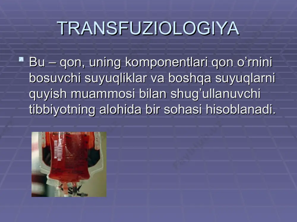i bildiradi. individual muvofiqlikni o’tkazish probirkaga 2 tomchi (0,1 ml) retsipient zardobidan, 1 tomchi (0,05) ml donor eritrotsitlar va 1 tomchi (0,1 ml) 33% li poliglyukin qo‘shiladi. probirka gorizontal holatga egilib, biroz chayqaladi, so'ngra sekin aylantiriladi, shunda uning tarkibi devorlarga yupqa qatlamda tarqaladi. 3 - 5 daqiqadan so'ng probirkaga 2 - 3 ml fiziologik fiziologik eritma qo'shiladi va ichidagini silkitmasdan 2 - 3 marta teskari aylantiriladi. natija naylarni yorug'likda oddiy ko'z bilan yoki lupa orqali ko'rish orqali hisobga olinadi. eritrotsitlarning aglyutinatsiyasi retsipient va donorning qoni rh omili nuqtai nazaridan mos kelmasligini ko'rsatadi, aglyutinatsiyaning yo'qligi donor va retsipiyent qonning mos kelishining ko'rsatkichidir. biologik muvofiqlikni o’tkazish 10 ml qon quyish vositasi daqiqasiga 2 - 3 ml (40 - 60 tomchi) tezlikda, 3 minutlik interval bilan, retsipientni kuzatib, uning yurak urishini, nafas olishini, qon bosimini, umumiy holatini, terining rangi, tana haroratini o'lchab nazorat qilib, uch marta quyiladi. ushbu davrda titroq, bel og'rig'i, ko'krak …