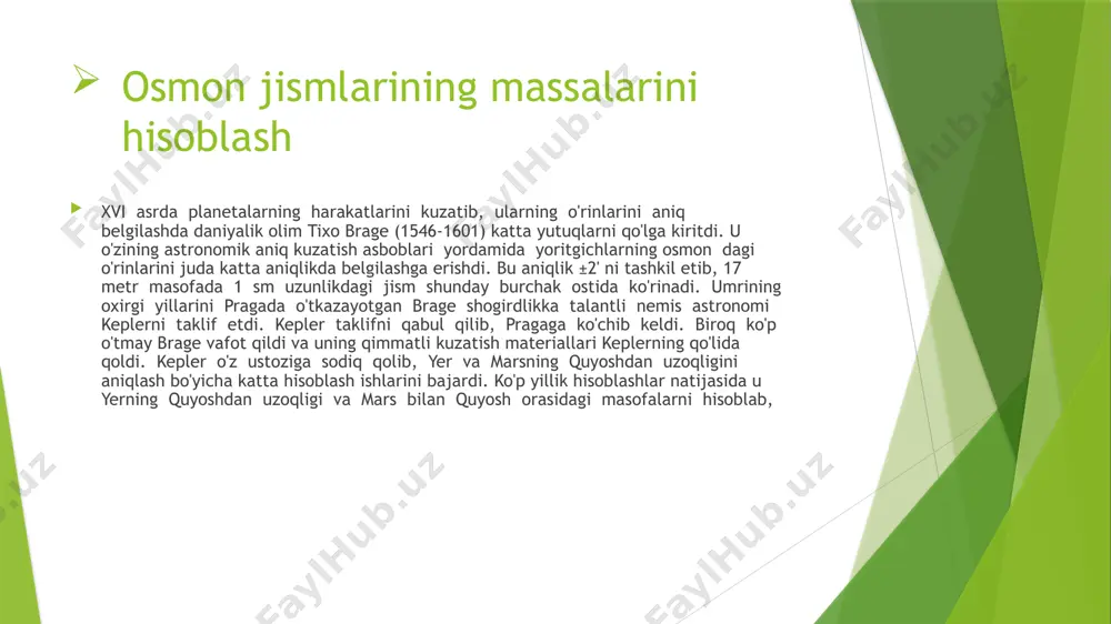 harakatiga tegishli quyidagi uchta qonunni kashf etdi: наг bir planeta quyosh atrofida ellips bo'ylab aylanadi kepler qonunlari kepler qonunlari - i. kepler kashf etgan sayyoralar harakatiga oid 3 ta qonun. i. keplerning "yangi astronomiya" (1609) asarida uning 2 qonuni bayon qilingan edi, 3-qonuni 1619-yilda kashf etildi. 1 - qo n u n . har bir sayyora ellips boʻylab harakatlanadi, uning hamma sayyoralar uchun umumiy boʻlgan fokusida quyosh yotadi. 2 — qonun. quyoshdan sayyoraga oʻtkazilgan radius-vektor teng vaqtlar ichida teng yuzalar chizadi. bu qonun sayyora harakat yoʻlidagi ixtiyoriy nuqtada oladigan tezlikni ifodalaydi. unga muvofiq sayyoralar quyoshga yaqin paytida tezroq harakat qiladi. 3-qonun. sayyoralarning quyosh atrofida aylanish davri kvadratlarining nisbati ularning quyoshdan oʻrtacha uzoqligi kublari nisbatiga teng , yaʼni: na (1) i.nyuton tomonidan 1687-yilda aniqlashtirilgan bu qonunni quyidagi formula orqali yozish mumkin: (2) bunda tt va t2 — ikki sayyoraning quyosh atrofida haqiqiy (siderik) aylanish davrlari; m — quyosh massasi; gp va …