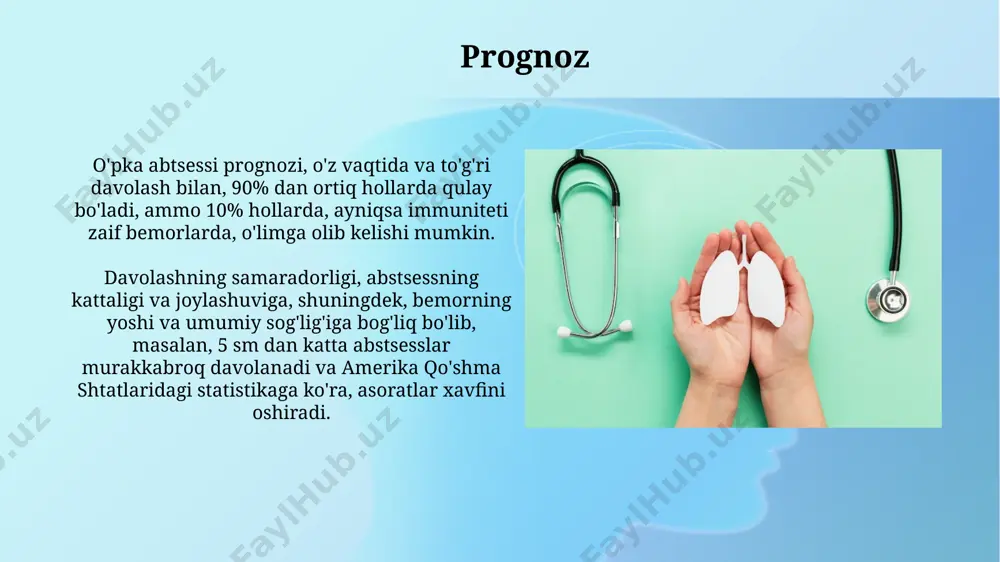 og'rig'i bilan namoyon bo'ladi. tashxis qo'yish usullari bakteriologik tekshiruv, balg'am namunalarini ekish orqali, taxminan 72 soat ichida patogen mikroorganizmlarni aniqlashga va antibiotiklarga sezgirligini aniqlashga yordam beradi, bu esa samarqanddagi mikrobiologiya laboratoriyalarida amalga oshiriladi. кўкрак qafasi rentgenogrammasi yordamida 5-10 sm gacha bo'lgan suyuqlik to'planishi va o'pka to'qimasining yemirilishini aniqlash mumkin, bu esa o'zbekistonning ko'plab tibbiyot muassasalarida qo'llaniladigan asosiy diagnostika usuli hisoblanadi. e'tiboringiz uchun rahmat @taqdimot_robot image2.jpg image3.jpg image4.jpg image5.jpg image6.jpg image7.jpg image8.jpg image9.jpg image10.jpg image1.png