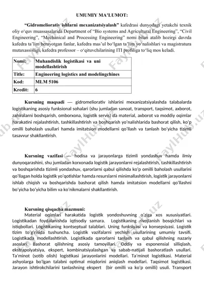 gidromeliorativ ishlarni mexanizatsiyalash kursi — DOCX