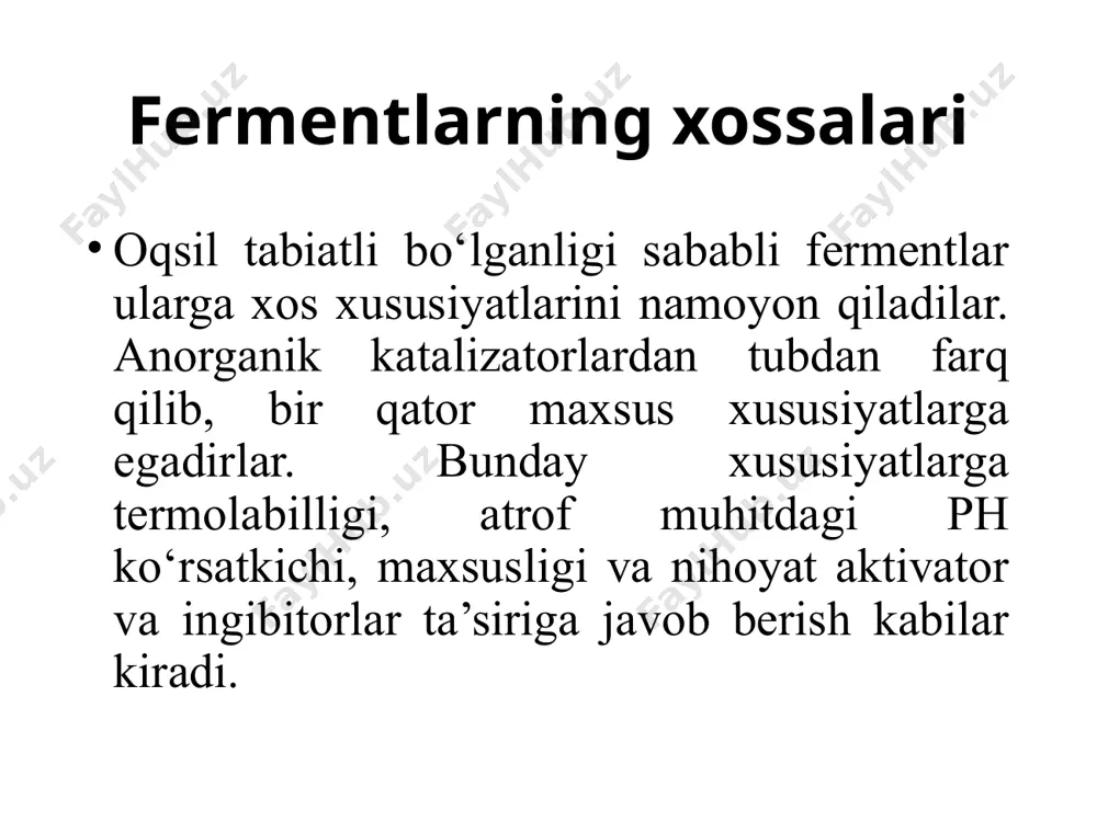 li ularni aktivlaydi, monosaxaridlar qoldig’ining tashilish reaktsiyalari orkali di- oligo- va polisaxaridlar sintezini amalga oshiradi va xakozo. + r1 r + r1 - transferazalar bu sinfga turli xil reaktsiyalarni tezlashtiradigan bir qator fermentlar kiradi. bu fermentlarning ba’zilari suvni parchalashda, ba’zilari esa so2 va amiakni parchalashda katalizator sifatida ishtirok etadi. masalan: al’dolaza fermenti fruktozofosfatni 2 molekula fosfotriozga parchalanishini tezlashtiradi. liazalar uglerod - uglerod liazalar uglerod-uglerod bog’larini uzish reaktsiyalarini katalizlab, ko’pincha dekarboksillanish reaktsiyalarini amalga oshiradi. misol: oksalatdekarboksilaza (4.1.1.2 - oksalatkarboksiliaza); al’dolaza (4.1.2.7 – ketozo – 1 – 1 - fosfat aldegidliaza). uglerod - kislorod liazalar. bu kichik sinf fermentlari s – o bog’larni uzishga aloqador reaktsiyalarni katalizlaydi. misol: fumaratgidrataza (4.2.1.2 - malatgidroliaza). uglerod – azot liazalar c – h bog’larni uzadi. ular malekulardagi dezaminlanish reaktsiyalarini katalizlaydi. misol: aspartatammiakliaza (4.3.1.1 - aspartatammiakliaza). uglerod – oltingugurt liazalar organizmda desul’furlanish reaktsiyalarini amalga oshiradi. misol: tsisteindesul’fgidraza (4.4.1.1 – tsisteinvodorodsul’fidliaza, dezaminlaydigan). uglerod – galogen liazalar. bu kichik …