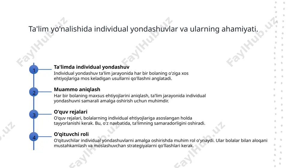 li misollar o'zbekistonda inklyuziv ta'lim modellarining muvaffaqiyatli misollari, shuningdek, boshqa mamlakatlardagi tajribalar, bolalarning ijtimoiy va akademik rivojlanishini ta'minlaydi. ta'lim muassasalarida inklyuziv amaliyotlarni joriy etishning afzalliklari. 1 inklyuziv muhit inklyuziv ta'lim muassasalari bolalarga xavfsiz va qo'llab-quvvatlovchi muhit yaratadi, ularning o'zini erkin his qilishlariga yordam beradi. 2 barcha uchun imkoniyat inklyuziv amaliyotlar barcha bolalarga, jumladan, maxsus ehtiyojli bolalarga ham bir xil ta'lim imkoniyatlarini taqdim etadi, bu esa ularning taraqqiyotini oshiradi. 3 ijtimoiy ko'nikmalar inklyuziv ta'lim bolalar o'rtasida ijtimoiy ko'nikmalarni rivojlantiradi, ular bir-biriga yordam berish va hamkorlik qilishni o'rganadilar. xulosa 01 ta'limda individual yondashuv maxsus ehtiyojli bolalar uchun ta'limda individual yondashuvlar muhim ahamiyatga ega. har bir bola o'ziga xos xususiyatlari bilan ajralib turadi. 02 inklyuziv ta'limning ahamiyati inklyuziv ta'lim, barcha bolalarning teng imkoniyatlarga ega bo'lishini ta'minlaydi. bu yondashuv, bolalarning ijtimoiy va akademik rivojlanishini qo'llab-quvvatlaydi. 03 muvaffaqiyatli misollar maxsus ehtiyojli bolalar uchun muvaffaqiyatli ta'lim modellarining misollari, boshqa o'quvchilar uchun ham foydali bo'lishi mumkin. bu …
