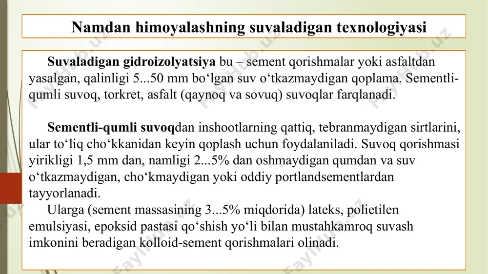 izik va ximiyaviy jarayonlarni rivojlanishiga olib kelib, shu bilan bir qatorda xonalardagi temperatura- namlik rejimini buzilishiga olib keladi. konstruksiyalarning namligini boshqa sabablar ham, xususan, devorlarning qalinligi yetarli bo‘lmay qolgan, devor ashѐsining haqiqiy zichligi hisobiy qiymatdan oshib ketgan, kun davomida havo haroratining keskin o‘zgarishi ro‘y bergan, havo namligi yuqori bo‘lgan hollar keltirib chiqarishi mumkin. foydalanilgan adabiyotlar husanxo’jayev o’, davronov g’ “gidrotexnika ishlarini bajarish” toshkent 2014 y www.homehill.ru www.ziyonet.uz image1.png image2.png image3.png media1.mp4 image4.png image5.jpg image6.png image7.jpg image8.jpg