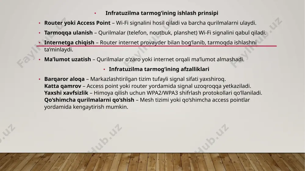 buyuruvchilar uchun asosiy tarmoqdan alohida, cheklangan internet ulanishini ta’minlash. router dasturiy ta’minotini yangilash – xavfsizlik bo‘shliqlarini to‘ldirish uchun routeringizni muntazam yangilab turing. wpa3 protokolidan foydalanish – agar routeringiz qo‘llab-quvvatlasa, wpa3 xavfsizlik standartini yoqish tavsiya etiladi. agar ushbu choralar ko‘rilmasa, wi-fi tarmog‘ingizni buzish va shaxsiy ma’lumotlaringizni o‘g‘irlash osonlashadi. wi-fi xavfsizligini oshirish internet va shaxsiy ma’lumotlaringizni himoya qilishda muhim ahamiyatga ega. wi-fi ishlash jarayoni router yoki access point signalni uzatadi – router internet provayderdan kelayotgan ma’lumotni simsiz signalga aylantirib, wi-fi tarmog‘ini yaratadi. qurilmalar wi-fi signalini qabul qiladi – telefon, noutbuk yoki boshqa qurilmalar routerdan kelayotgan signalni qabul qilib, internet yoki lokal tarmoq bilan bog‘lanadi. ma’lumot almashinuvi – qurilmalar internetga so‘rov yuboradi va router ushbu so‘rovlarni internet provayderga jo‘natadi. javob qaytgach, router bu ma’lumotlarni qayta wi-fi signali orqali qurilmaga yetkazadi. chastotalardan foydalanish – wi-fi odatda 2.4 ghz va 5 ghz chastotalarda ishlaydi. 2.4 ghz uzoq masofaga yetib boradi, lekin tezligi pastroq. 5 ghz …