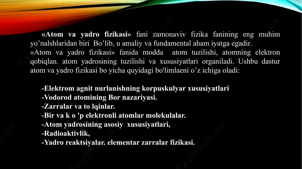 nini berdi. har bir moddaning gramm-molekulasida molekulalar soni bir xil, ya’ni jv0 = 61023 ga teng ekanligi ma’lum (qarang avo-gadro qonuni). avogadro soni ma’lum bo‘lsa, har bir a.ning og‘irligi gramm-molekula og‘irligini avogadro soniga bo‘lib topiladi. hatto 19-asr oxirlariga-cha a.ni bo‘linmas zarra deb qaraganlar. 1897 – 98 yillardan tomson (lord kel-vin) a. tarkibida elektronlar bor de-gan farazni aytdi. 1911 yi.aa rezerford a.ning planetar modelini yaratdi. a. – proton va neytronlardan iborat yadro va uning atrofida aylanuvchi manfiy zaryadli elektronlardan tashkil topgan. elektron (ye) zaryadi 4,810~10 cgse ga teng, massasi esa proton massasigi dan 1840 marta kichik bo‘lgan zarradir. pro-766ton vodorod a.ning yadrosidir. proton zaryadi musbat bo‘lib, qiymati elektron zaryadiga teng. atom haqida atom fizikasi yaratgan tasavvur dunyoni bilish uchun ham ahamiyatga ega. turli moddalarning turg‘unligi, yerdagi oddiy temperatura va bo-simda kimyoviy elementlarning boshqa elementlarga aylanmasligi atomning "turg‘unligi"ga bog‘liq. tashqi sharoit o‘zgarganda atom xossalari va holatining o‘zgara olishi, atomning "plastik" bo‘lishi elementar …