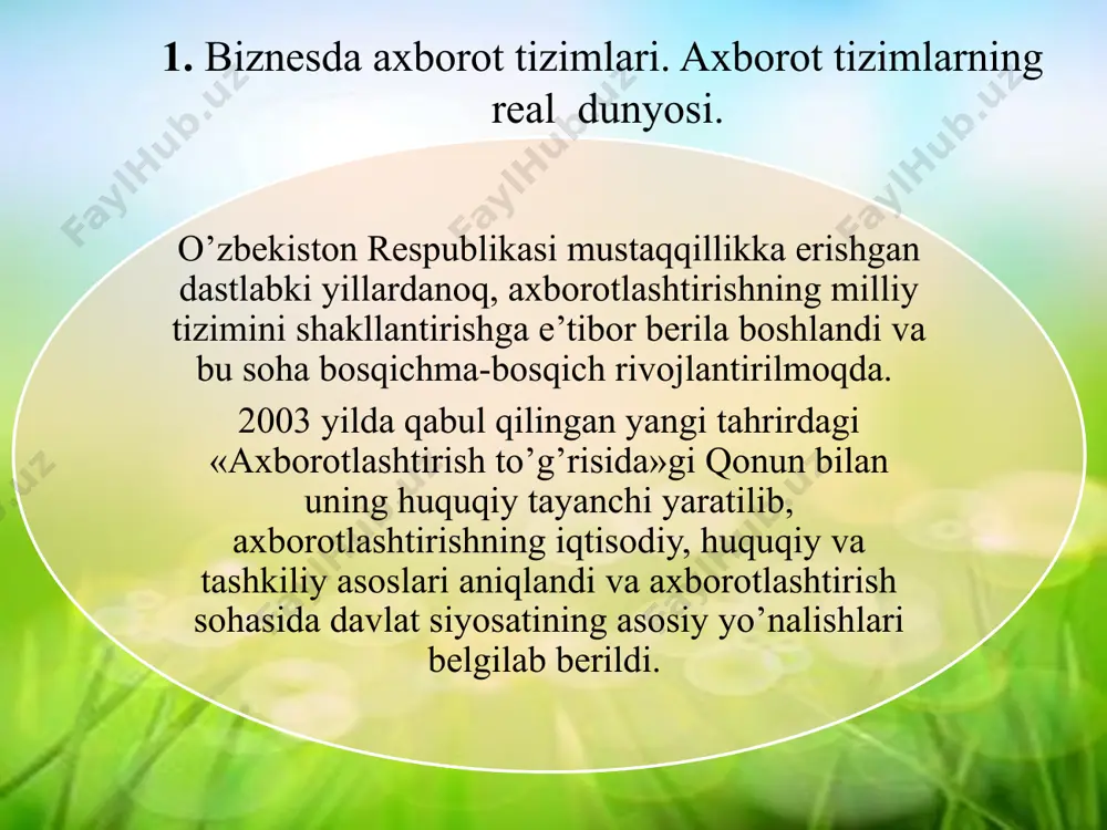 zimlari. elektron ma’lumotlar bazasi fan-texnika axborot (fta) tarmog’i. ma’lumotlarni uzatish va aloqa tizimlari. favqulotda holatlarning oldini olish va xabar berishning axborot tizimlarini yaratish. fanni o'rganishdagi asosiy vazifalar: zamonaviy axborot tizimlarining tuzilishi, rivojlanish tamoyillari to'g'risida nazariy bilimlarni shakllantirish; elektron hukumat, elektron va mobil tijorat sohalaridan foydalanish va rivojlanish tendentsiyalari to'g'risida bilimlarni shakllantirish; bulutli texnologiyalar, blokcheyn texnologiyalari kabi raqamli iqtisodiyot texnologiyalari haqida tushunchani shakllantirish; tarmoq ma'lumotlarini qayta ishlash sharoitida axborot xavfsizligini ta'minlash usullari bilan tanishish. axborot industriyasi – bu eng zamonaviy axborot-kommunikatsiya tеxnologiyalari asosida axborot mahsulotlari va xizmatlarini (gazatadan tortib, jurnal, kitob, kompyutеr o`yinlari va kompyutеr tarmoqlaridagi axborotlargacha) kеng ko`lamda ishlab chiqarish hisoblanadi 11 iqtisodiyotning rivojlanishi sarmoyalarni jalb etish ish o`rinlarining ortishi barqaror iqtisodiy o`sish axoli turmush darajasining o`sishi mehnatning sifat jihatdan yuksalishi iqtisodiyotda aхbоrоt-kоmmunikаtsiya tехnоlоgiyalаrini joriy etish elektr tarmog`i иэс axborot markazi elektron hisoblagich iste`molchi yashash joyi bu erda: - elektr energiyasi; - iste`molchi haqidagi axborot. ахbоrоt-kоmmunikаtsiya tехnоlоgiyalаrining har bir xonadonga …