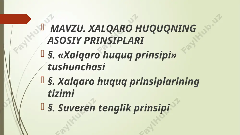 normalar va institutlar bilan birgalikda prinsiplar xalqaro huquq­ning murakkab ko'rinishdagi yaxlit tizimini tashkil etadi. xalqaro huquq doirasida prinsiplaming xilma-xil turlari farqlanadi. ular orasida g'oya-prinsiplar muhim o'rin tutadi. tinchlik va hamkor­lik, gumanizm, demokratiya g'oyalari shular jumlasidandir. ular bmt ustavida, inson huquqlari to'g'risidagi paktlarda va boshqa qator huj- jatlarda o'z aksini topgan. g'oya — prinsiplar o'z faoliyatining asosiy ko'lamini aniq normalar orqali, ularning mazmunida aks ettirish va faoliyatini yo'naltirish yo'li bilan ro'yobga chiqaradi. §. suveren tenglik prinsipi bmt ustavining prinsiplar to'g'risidagi inoddasining ilk bandida: «tashkilot barcha a’zolarining suveren tengligi prinsipi asosida tuzil- gan», deb qayd etilgan. bu prinsip nafaqat bmt, balki butun xalqaro munosabatlar boshqaruvi tizimlari negizida yotadi. xalqaro huquqning o'ziga xos alohida jihatlari, awalambor, uning subyektlari suveren teng davlatlar ekani bilan belgilanadi. suveren tenglik prinsipining asosiy mazmuni quyidagicha: davlatlar bir-birlarining suveren tengligi va o'ziga xosligini, shuningdek, suverenitetga mansub barcha huquqlami hurmat qilishlari shart. barcha davlatlaming teng ravishda asosiy huquq va majburiyatlari …