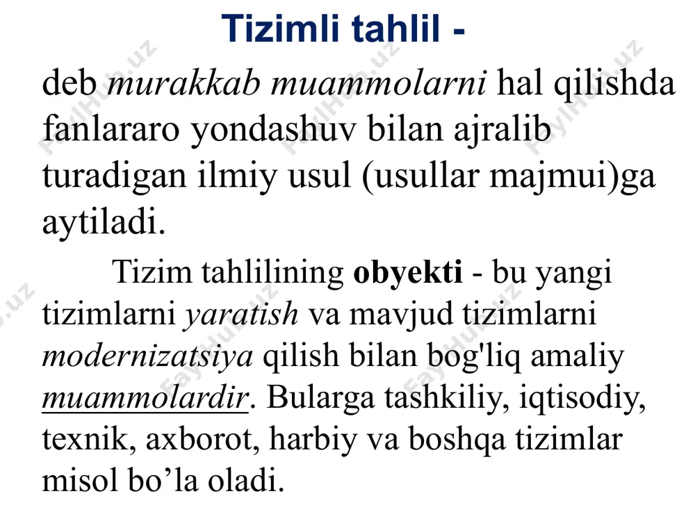 qanday tizimning tuzilishini graf yordamida ko'rsatish mumkin graf – bu obyektlar (uchlar) va ular o’rtasidagi bog’lanishlar (yoy yoki qirralar) jamlanmasidir. uchlar doirachlar yoki kvadratchalar ko’rinishida, yoylar esa – chiziqlar (ba’zan strelka) ko’rinishida belgilanadi 2. tizimlarning tasnifi. murakkab tizimlarning xususiyatlari. i sinf. tashqi muhitning tizimga ta’sirining darajasi va amaliy ahamiyatiga, ya’ni tizimning o’zini tutishiga, ishlash jarayoniga ko’ra tizimlar quyidagilarga bo'linadi: ochiq tizim – tizimdagi ichki jarayonlar ko'p jihatdan tashqi muhit ta'sirida tomonidan belgilanadigan va o'zlari unga jiddiy ta'sir qiladigan sistemalar. yopiq tizim – ishjarayonidalash faqat tizimning o'zida hosil bo'lgan ma'lumotlardan foydalanadigan tizimlar. ii sinf. tizimlar makon va vaqt ichida ishlaydi. tizimning ishlash jarayoni bu tizim holatining o'zgarishi, uning bir holatdan ikkinchi holatga o'tishidir. shunga ko’ra tizimlar quyidagilarga bo’linadi: statik – bitta mumkin bo'lgan holatga ega tizimlar. dinamik – vaqt o'tishi bilan bir holatdan ikkinchisiga o'tish sodir bo'lgan ko'plab holatlarga ega tizimlar. iii sinf. quyidagi tizimlar ham mavjud: oddiy t. – ishlashi …