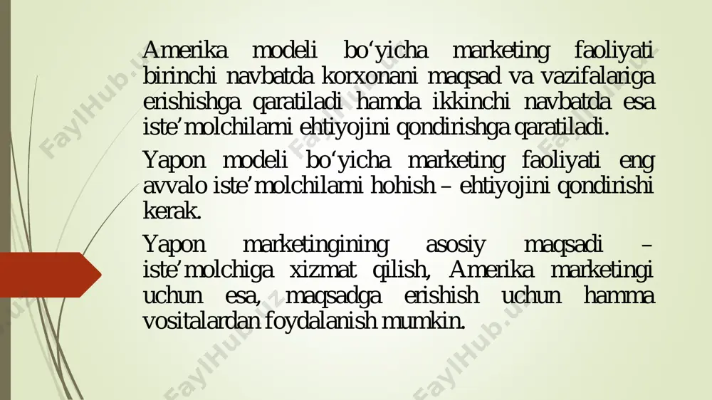 xizmati faoliyati samaradorligini baholash kabilarni o‘rganadi. marketing funksiyalari firmani boshqa funksiyalari, ya’ni ishlab chiqarish, kadrlar, moddiy texnika ta’minoti, moliyaviy, buxgalteriya hisobi funksiyalari bilan birga amalga oshiriladi. marketing - bozorda vujudga keladigan iqtisodiy munosabatlarni faollashtirish uslublarini, tovarlarni ishlab chiqarish hamda sotish muammolarini yaxlit, tizimli echish uslublarini, bozorda vujudga keladigan o‘zgarishlarga tezda moslashish, iste’molchilarga tabaqali yondashish, raqobatbardosh yangi tovarlarni vujudga keltirish va ularni ishlab chiqarishni tashkil etish, kon’yunkturani o‘rganish va prognoz qilish hamda ta’sirchan reklamani rivojlantirish masalalarini o‘rganishni o‘z oldiga maqsad qilib qo‘ygandir. bunga erishish uchun marketing quyidagi muhim vazifalarni hal etishi lozim:  xaridorlar ehtiyojini o‘rganish va aniqlash;  narxning faoliyatini xaridorlar ehtiyojiga moslashtirish;  talab va taklif to‘g‘risida olingan ma’lumotlar asosida bozorni o‘rganish;  tovarlar reklamasini tashkil etish, xaridorlarni tovarlarni sotib olishga qiziqishini orttirish;  tovar yaratuvchi yoki uni sotuvchi narx tadqiqotlarini amalga oshirish uchun ma’lumotlar to‘plash va tahlil qilish;  tovarni bozorga chiqarishdagi barcha xizmatlar to‘g‘risida ma’lumotlar olish;  …