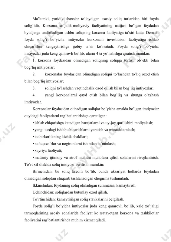 dik shaxslar ishlab chiqarishni rivojlantirish maqsadlarida daromad (foyda) solig’idan ozod qilinadi: 11) yangi tashkil qilingan dehqon (fermer) xo’jaliklari va xususiy korxonalar qishloq xo’jalik mahsulotlarini etishtirish va qayta ishlashdan, xalq iste’moli tovarlari, binokorlik materiallari ishlab chiqarishdan olgan daromadlari (foydalari) bo’yicha ro’yxatdan o’tgan vaqtidan e’tiboran ikki yil muddatga; 12) samarqand, buxoro, xiva va toshkent shaharlarida yangi tashkil etilgan, turizm faoliyati bilan shugullanadigan yuridik shaxslar tuzilgan paytdan boshlab birinchi daromad orttirgunga qadar, lekin uzogi bilan ro’yxatdan o’tgan vaqtidan e’tiboran uch yilgacha. samarqand, buxoro, xiva va toshkent shaharlarida turistik faoliyat bilan shugullanuvchi yuridik shaxslar foyda olgan birinchi yili ellik foiz, ikkinchi yili etmish besh foiz, uchinchi yildan boshlab yuz foiz miqdorda soliq to’laydi; 13) quyidagilar olgan daromadlari (foydalari) yuzasidan: a) patent egasi (litsenziar) sanoat mulki ob’ektlaridan o’z ishlab chiqarishida foydalanishdan, shuningdek bularga litsenziya sotishdan olgan daromadi yuzasidan - amal qilish muddati doirasida foydalana boshlagan sanadan e’tiboran: ixtirolar va selektsiya yutugidan patent bo’yicha - besh …