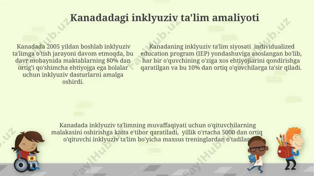 slashtirilgan qulayliklar yetishmaydi. kelajakdagi istiqbollar va tavsiyalar kam ta'minlangan oilalar farzandlari uchun qo'shimcha 15% moliyaviy yordam ajratish orqali inklyuziv ta'limga kirishni kengaytirish zarur. inklyuziv ta'limni amalga oshirishda texnologiyalardan (masalan, sun'iy intellekt va avtomatlashtirish) foydalanishni 2030-yilgacha 50% ga oshirish orqali samaradorlikni yaxshilash mumkin. o'qituvchilarni malaka oshirish dasturlarini yiliga kamida 20 soatlik professional rivojlantirish kurslari bilan boyitish orqali pedagogik kompetensiyalarni rivojlantirish muhim ahamiyat kasb etadi. xitoyning inklyuziv ta'lim rivojlanishi xitoyda 2010-yildan beri inklyuziv ta’lim siyosati faol ravishda qo‘llanilmoqda, bu davrda 10 milliondan ortiq nogiron bolalar maxsus ta’lim muassasalaridan umumiy ta’lim maktablariga o‘tkazildi. xitoy hukumati inklyuziv ta’limni rivojlantirish uchun 2016-yilda “nogironlar huquqlari to‘g‘risida”gi qonunni qabul qildi va qo‘shimcha moliyaviy mablag’larni ajratdi, shu jumladan, o‘qituvchilarni o‘qitish va infrastrukturasiga. 2020-yilgi ma’lumotlarga ko‘ra, xitoyda 15000 dan ortiq inklyuziv ta’lim maktablari mavjud bo‘lib, ularda 100.000 dan ziyod nogiron bolalar ta’lim olmoqda, lekin teng imkoniyatlar ta’minlash bo‘yicha muammolar hali ham mavjud. yaponiyaning inklyuziv ta'lim yondashuvi yaponiyada inklyuziv sinflarning …