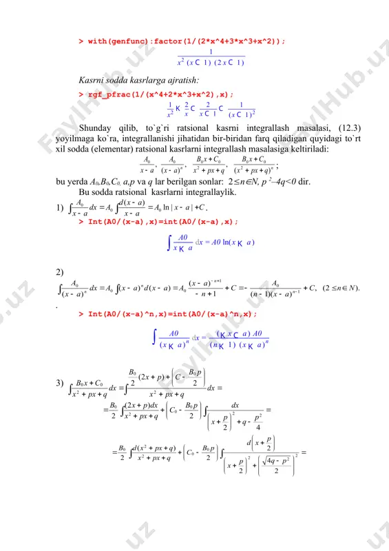 qo`yish) qulayroq, chunki cosxdx=d(sinx) dir. 4-misol. bu integral cosx ga nisbatan toq: = = - 1) o`zgaruvchini sinx=t almashtirish yordamida integralni topish. > restart; > with(student): > it5:=changevar(sin(x)=t,int(cos(x)^3/sin(x)^4,x),t); > it5:=value(%); > it5:=changevar(t=sin(x), (it5, t),x); 2) bevosita integrallash. > restart; > int(cos(x)^3/sin(x)^4,x)=int(cos(x)^3/sin(x)^4,x); shape \* mergeformat integralda r- o`z argumentlarining ratsional funksiyasi bo`lib, sinx va cosx larga nisbatan juft funktsiya bo`lsa: quyidagich almashtirish qilamiz. , 5-misol. da juft bo`lgani uchun integralni tgx=t almashtirish yordamida topamiz. 1) o`zgaruvchini tgx=t almashtirish yordamida integralni topish. > restart; > with(student): > it8:=changevar(tan(x)=t,int(1/(1+cos(x)^2),x),t); > it8:=value(%); > it8:=changevar(t=tan(x), (it8, t),x); 2) bevosita integrallash. > restart; > int(1/(1+cos(x)^2),x)=int(1/(1+cos(x)^2),x); shape \* mergeformat 6-misol. da sinx va cosx larga nisbatan juft funktsiya bo`lgani uchun integralni tgx=t almashtirish yordamida topamiz. ekanini etiborga olib, = = 1) o`zgaruvchini tgx=t almashtirish yordamida integralni topish. > restart; > with(student): > it9:=changevar(tan(x)=t,int(1/(sin(x)^2- 4*sin(x)*cos(x)+ 5*cos(x)^2),x),t); shape \* mergeformat > it9:=value(%); > it9:=changevar(t=tan(x), (it9, t),x); 2) bevosita integrallash. …