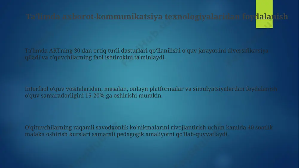 darajasiga ko'ra 3 turga bo'linadi: sodda mashqlar, murakkab simulyatsiyalar va 3d modellashtirish, bu o'quv jarayonini yanada samarali qiladi. ta’limda innovatsiyalarni qo‘llash interfaol o'yinlar va simulyatsiyalar kabi zamonaviy vositalarni integratsiya qilish, o'quvchilarning faol ishtirokini ta'minlash orqali, bilim olish jarayonini 2 barobar tezlashtiradi. onlayn ta'lim platformalaridan foydalanish, 500 dan ortiq o'quv resurslariga kirish imkoniyatini yaratib, individual o'quv rejalarini shakllantirishga yordam beradi. ta'limda innovatsion pedagogik texnologiyalarni qo'llash o'quv jarayonini 30% ga samaradorligini oshirishi va 15% ga o'quvchilarning bilim darajasini yaxshilashga olib kelishi mumkin. o‘qituvchilarning malakasini oshirish innovatsion ta’lim uslublarini qo‘llash bo‘yicha o‘qituvchilarning malakasini oshirish dasturi kamida 5 ta modul va 100 soatdan iborat bo‘lishi tavsiya etiladi. o‘qituvchilarning 90% i yangi texnologiyalar va o‘quv dasturlarini integratsiyalashtirish bo‘yicha kamida ikki yilda bir marta malaka oshirishdan o‘tishlari zarur. o‘qituvchilarning kamida 70% i elektron pedagogika vositalaridan foydalanish bo‘yicha 30 soatlik malaka oshirish kurslarini tamomlagan bo‘lishi kerak. kelajakdagi ta’lim tendentsiyalari kelajakdagi ta’limda shaxsiylashtirilgan o'qitishning 70% gacha o'sishi kutilmoqda, …