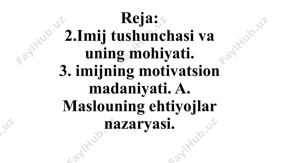 songa esa tashqi ko’rinishiga qarab baho beradilar. frederik x. ventes o’zining “ajoyib ko’nikmalarga o’rgatish” kitobida tabassum ham inson imijiga ta’sir ko’rsatadi, deb takidlaydi. 1. tassum bizni jozibador qiladi. 2. tabbasum kayfiyatimizni o’zgartiradi. 3. tabassum stresni yengadi. 4 tabbasum immune tizimini mustahkamlaydi. 5.tabbasum muvaffaqiyatli inson siymosini yaratadi. ish kiyimi kodeksi yoki dresskod- bu ishga qanday kiyinish kerakligi haqidagi qoidalar to’plami va kiyim, oyoq kiyimda biron bir firma yoki lavozimga tegishlikni bildiruvchi belgilar tizimi. korparativ stilda kiyinish: 1.kostyum erkaklar va ayollar uchun ham ish uniformasi hisoblanadi. 2. akssesullar uncha kata va murrakab bachkana bo’lmasligi kerak: yaxshi soat, mo’jaz ziraklar, nikoh uzugi. 3. kiyimda turli rasmlar yozuvlar bo’lmasligi kk 4. yubka haddan tashqari tor va kalta bo’lmasligi kk 5. oyoq kiyim o’rtacha uchi yopiq bo’lishi kk 6.ayollar ko’zga tashlanmaydigan lab bo’yog’idan foydalanish kk 7. kalta yengli ko’ylak havoni issiq kunida kiyishga ruxsat beriladi. 1. fizologik ehtiyojlar 2. xafsizlikka ehtiyoj 3. egalik va muhabbatga …