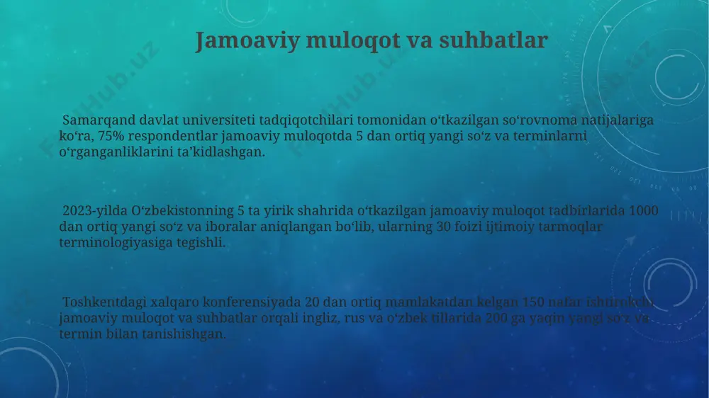 huni ko'rsatdiki, oav orqali tarqalgan 70% dan ortiq yangi so'zlar kundalik nutqqa tez sur'atlar bilan kirib kelmoqda. oav va ommaviy axborot vositalarining 2023-yil davomida o'zbekiston bo'ylab 500 dan ortiq yangi atamalarni joriy etishga hissa qo'shgani kuzatildi, jumladan, texnologiya va ijtimoiy fanlar sohalaridan. o'zbekiston respublikasi vazirlar mahkamasining 2022-yilgi qarorlarida ommaviy axborot vositalarining til boyligini oshirishdagi roli 15 dan ortiq hujjatda ta'kidlangan bo'lib, bu yangi atamalarni o'zlashtirishga qo'shimcha turtki bo'lmoqda. seminarlar va treninglar 2023-yilda toshkent shahrida oʻtkazilgan 5 ta biznes-treningda yangi soha terminlari, jumladan, "fintex", "kriptovalyuta" va "blokcheyn" kabi atamalar keng muhokama qilindi va ularning 10 dan ortiq sinonimlari taqdim etildi. andijon viloyatida bo'lib o'tgan 7 kunlik marketing seminarida 150 dan ortiq ishtirokchi raqamli marketing sohasidagi yangi tushunchalar bilan tanishdilar, jumladan, "seo", "sem" va "smm" kabi atamalarni chuqur o'rganishdi. samarqanddagi xalqaro seminar (2022) ishtirokchilari yangi texnologiyalar sohasidagi 30 dan ortiq inglizcha termin bilan tanishdilar, shuningdek, ularning o'zbekcha ekvivalentlarini o'rganish imkoniyatiga ega bo'lishdi. …