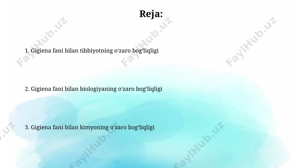 masalan, kambagʻallik, taʼlim darajasi) hisobga oladi va ularning profilaktikasi uchun ijtimoiy dasturlarni ishlab chiqishda hamkorlik qiladi. gigiena fani va fizikaning o'zaro bog'liqligi gigiena fanining asosiy printsiplari, masalan, yuqumli kasalliklarning tarqalishini oldini olishdagi 3-5 metr masofa qoidasi, fizikaviy jarayonlar – havoda aerozollarning tarqalishi va ularning konsentratsiyasi bilan bevosita bog'liq. infrqizil nurlanishning inson terisiga ta'siri, termometriya, havo harorati va namligi kabi fizikaviy omillar gigienik tadqiqotlarda inson salomatligi va qulay muhit yaratishda muhim rol o'ynaydi. gigiena fani va informatikaning o'zaro bog'liqligi gigiena fanida inson tanasining 3d modellari orqali yuqumli kasalliklar tarqalishini simulyatsiya qilishda informatika algoritmlari va dasturiy ta'minotlardan foydalaniladi, bu esa profilaktika choralarini optimallashtirishga yordam beradi. sog'liqni saqlash ma'lumotlar bazalarini tahlil qilishda, masalan, 10000 bemor haqidagi ma'lumotlarni qayta ishlashda, big data texnologiyalari va sun'iy intellekt yordamida gigiena muammolari aniqlanadi va prognoz qilinadi. gigiena fani va genetikaning o'zaro bog'liqligi mikrobiomning genetik tarkibi va uning shaxsiy gigiena bilan o'zaro ta'siri oshqozon-ichak trakti kasalliklarining rivojlanish xavfini …