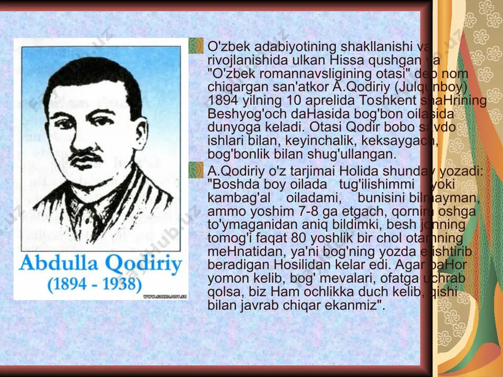 maxzumning xotira daftaridan" turkumidagi satirik xikoyalari bilan bir necha yillar davomida jonlantirib, xalqning sevimli jurnaliga aylantiradi. a.qodiriy jurnalistika sohasidagi malakasinin oshirish maqsadida 1924-1925 yillar orasida moskvadagi (valeriy bryusov nomidagi) oliy jurnalistika institutiga kirib o'qiydi. shu tariqa yozuvchi 20 yillar orasida "qodiriy", "julqunboy", "toshpo'lat", "kalvak maxzum". "dumbul", "avsar", "shig'ay" kabi taxalluslarda qizg'in va barakali ijod qiladi. a.qodiriy yirik hikoyanavis, o'tkir fefetonchi bo'lish bilan birga birinchi o'zbek romannavisi sifatida ham shuhrat qozongan ' san^ atkordir. adib 1917-1918 yillardan boshlab "o'tgan kunlar" romani uchun material to'plashga kirishadi. 1922 yilda birinchi o'zbek romanining dastlabki boblari "inqilob" jurnalida chop etiladi. 1925 yilda "o'tgan kunlar" alohida-alohida uch bo'lim holida, so'ng 1926 yilda kitob bo'lib nashr etiladi. oradan ikki yilo'tib 1928 yilda yozuvchining ikkinchi tarixiy romani "mehrobdan chayon" romani nashr etiladi. 1934 yilga kelib esa muallifning qishloq xo'jaligi mavzusiga bag'ishlangan "obid ketmon" qissasi yaratiladi. a.qodiriy "amir umarxonning kanizi", "nomoz o'g'ri", "daxshat" kabi romanlar yaratish orzusida edi. ammo …