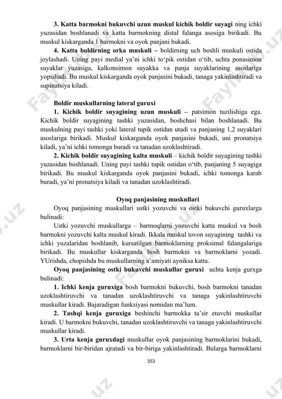 shta aloxida kismga ajraladi. ulardan turttasi i, ii, iv, v barmoklarning distal falangalariga birikadi, beshinchisi esa panjaning v suyagi asosiga yopishadi. bu muskul kiskarganda tizzani boldirni va oyok panjasini bukadi. 3. bosh barmokni yozuvchi uzun muskul – kichik boldir suyagining ichki yuzasidan boshlanib, i barmokning distal falangasiga birikadi. yaunksiyasi – barmoklarni va oyok panjani yozadi. boldir muskullarining orka guruxi 1. boldirning uch boshli muskuli – boldirning orka yuzasida joylashgan va uchta boshchaga ega. ikkita boshchasi yuza joylashib, son suyagining tashki va ichki “bo‘gim do‘nglaridan boshlanadi va boldir” xosil kiladi. boldir muskulining ikkala boshchasi tizza osti chukurcha xosil bulishida ishtirok etadi. chukurrok joylashgan boshchasi kabalasimon muskul deb ataladi va katta boldir suyagining orka yuzasidan boshlanadi. boldir va kambalasimon muskullarning paylari birikib, umumiy tovon suyagining bo‘rtigiga kelib birikadi. bu muskul kiskarganda tizzani, boldirni va oyok panjasini bukadi. 2. barmoklarni bukuvchi uzun muskul – katta boldir suyagining orka yuzasidan boshlanadi. uning medial to‘pik …