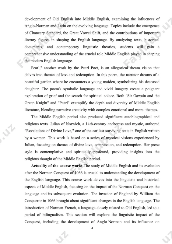 examine the key features of middle english, as well as the various regional dialects that emerged during this period. aim of the course work: the aim of this research work is to investigate the evolution of the english language, specifically middle english, following the norman conquest of 1066. the study will delve into the linguistic changes that occurred during this period, as well as the factors that influenced the development of the language. by examining the historical, cultural, and social contexts surrounding this transformation, the research aims to provide a comprehensive understanding of the factors that shaped the english language and contributed to its growth and diversification. practical values of research work: middle english is a historical stage of the english language that spans from the late 12th century to the late 15th century. it is characterized by significant linguistic changes and the influence of old english, old norse, and …