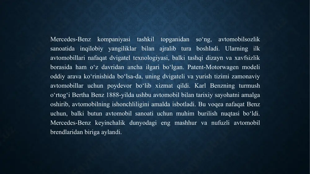 des me" ilovasi orqali foydalanuvchilarga avtomobillarini mobil qurilmalari orqali boshqarish imkoniyatini yaratishda davom etadi. brendning istiqbollari orasida yana bir muhim yo‘nalish – barqaror energiya manbalarini ishlab chiqish va avtomobillarni qayta ishlash jarayonlarini optimallashtirish. mercedes-benz o‘z avtomobillarida ishlatiladigan materiallarni qayta ishlash va ularni ekologik jihatdan samarali tarzda ishlab chiqarish bo‘yicha yangi loyihalarni amalga oshirishni davom ettiradi. bundan tashqari, mercedes-benz kelajakda yangi mobilite tizimlarini yaratishga intiladi, masalan, shaharlar uchun aqlli transport tizimlarini ishlab chiqish va ularga integratsiya qilish. bu tizimlar yordamida kompaniya shaharlar uchun ilg‘or va barqaror transport echimlarini taklif etadi. mercedes-benzning kelajagi, avtonom, elektr va aqlli transportni rivojlantirishga bo‘lgan intilishi bilan ajralib turadi. etiboringiz uchun rahmat! image2.jpeg image3.jpeg image4.jpeg image5.jpeg /docprops/thumbnail.jpeg