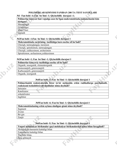 polimerlar kimyosi fanidan 200 ta test savollari — DOCX