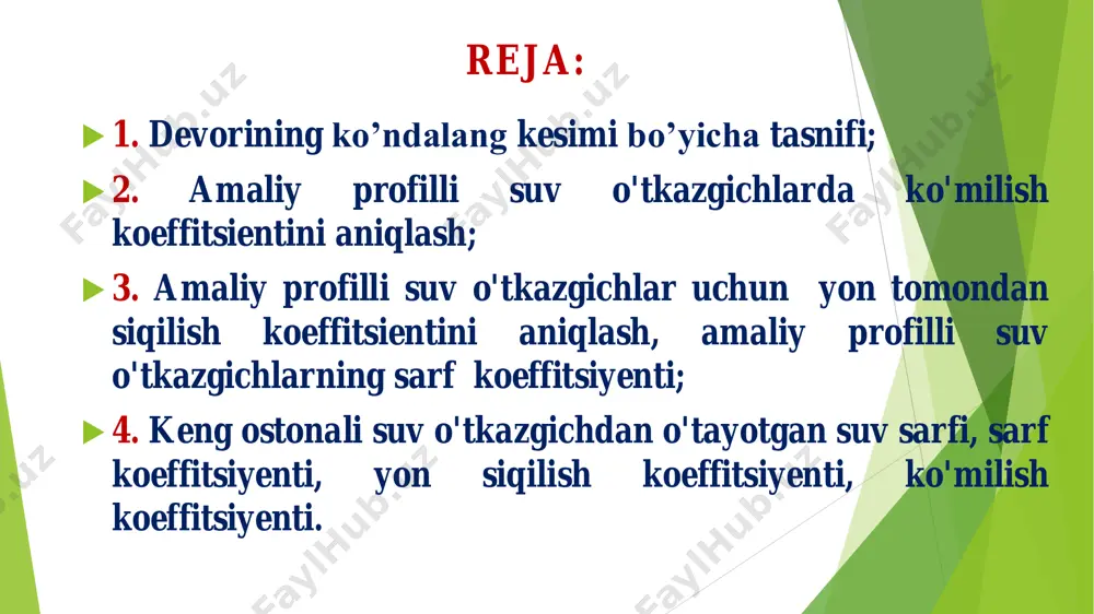 yon tomondan siqilish koeffitsiyenti. b bc bunda: в– haqiqiy eni,  cc bb bunda: – oqimlarning har bir bo’limdagi siqilgan kengligi; cb – sarf koeffitsiyentim  bh4в  bo’lsa, deb qabul qilamiz, u holda,0 hh 0 deb qabul qilish mumkin. amaliy profilli suv o'tkazgichlarda ko'milish koeffitsiyentini aniqlash ko'milish koeffitsiyentining kattaligi tajribalar asosida qurilgan grafik yordamida aniqlanishi mumkin. amaliy profilli suv o'tkazgich: grafikda uchta egrilik ifodalangan: a) i egrilik – vakuumli suv o'tkazgichlar uchun; b) ii egrilik – normal ko'rinishdagi vakuumsiz suv o'tkazgichlar uchun; v) iii egrilik – keng ostonali suv o'tkazgichlarga o'xshash bo'lgan vakuumsiz keng qirrali suv o'tkazgichlar uchun. agar   0 5 2 кум 7,11 hmh  0 кум н h va nisbatning musbat qiymati bo'lgan hol uchun ko'milish koeffitsiyentini g.k.dyeryugin formulasiga asosan hisoblash mumkin: кум 2 0 кум кум 5 2 59,0 11 1 111             …