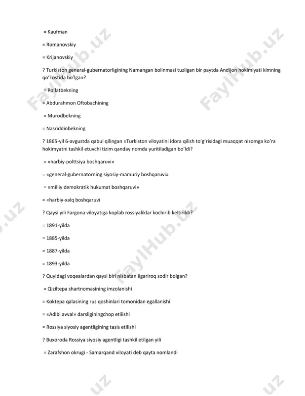 g markazi qaysi shahar xisoblangan ? = ko’ktepa = hazorasp = ashxobod = marv ? kaspiyorti temiryoli nechanchi yili qurilgan? = 1888-yil = 1887-yil = 1889-yil = 1885-yil ? 1865-yil 6-avgustda podsho aleksandr ii ... = “turkiston viloyatini idora qilish togrisidagi muvaqqat nizom”ni tasdiqladi. = “bosib olingan yerlarda zarafshon okrugini tashkil etish haqida”gi farmonni elon qildi. = “turkiston olkasida harbiy-gubernatorlik holati haqidagi nizom”ni tasdiqladi. = “turkiston general-gubernatorligini tashkil etish haqida”gi qonunni imzolad ? orta osiyoni rossiya imperiyasi tomonidan bosib olish tort bosqichda amalga oshirilgan edi quydagi qaysi javobda to’rtinchi bosqich to’g’ri ko’rsatilgan? = 1873-1879-yillar = 1880-1885-yillar = 1881-1883-yillar = 1879-1888-yillar ? qaysi yili turkiston general-gubernatorligida “davlat tartiboti va jamoat osoyishtaligini qoriqlashga qaratilgan chora-tadbirlar togrisidagi nizom” qabul qilindi? = 1892 = 1881 = 1867 = 1886 ? dunyoda birinchi temiryo1 qurilganidan song necha yil otib buxoro amirligi hududlari orqali dastlabki temir yo’l o’tkazildi? = 65 = 62 = 72 = 67 …