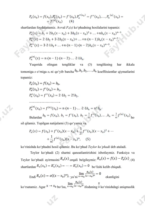 uvchi bo‘lsa, u holda da quyidagi formula o‘rinli bo‘ladi. bu yerda peano ko‘rinishidagi qoldiq had deyiladi. agar (6) formulada deb olsak, teylor formulasining xususiy holi hosil bo‘ladi: bu formula makloren formulasi deb ataladi. 2. teylor formulasining lagranj ko‘rinishdagi qoldiq hadi. teylor formulasi qoldiq hadi yozilishining turli ko‘rinishlari mavjud. biz uning lagranj ko‘rinishi bilan tanishamiz. qaralayotgan funksiya nuqta atrofida –tartibli hosilaga ega bo‘lsin deb talab qilamiz va yangi funksiyani kiritamiz. ravshanki, ushbu va funksiyalarga koshi teoremasini tatbiq qilamiz. bunda e’tiborga olib, quyidagini topamiz: bu yerda shunday qilib, biz ekanligini ko‘rsatdik, bu yerda endi , ekanligini e’tiborga olsak quyidagi formulaga ega bo‘lamiz: bu (8) formulani teylor formulasining lagranj ko‘rinishidagi qoldiq hadi deb ataladi. lagranj ko‘rinishdagi qoldiq hadni ko‘rinishda ham yozish mumkin, bu yerda birdan kichik bo‘lgan musbat son, ya’ni . shunday qilib, funksiyaning lagranj ko‘rinishidagi qoldiq hadli teylor formulasi quyidagi shaklda yoziladi: agar bo‘lsa, u holda , bu yerda , bo‘lishi ravshan, …