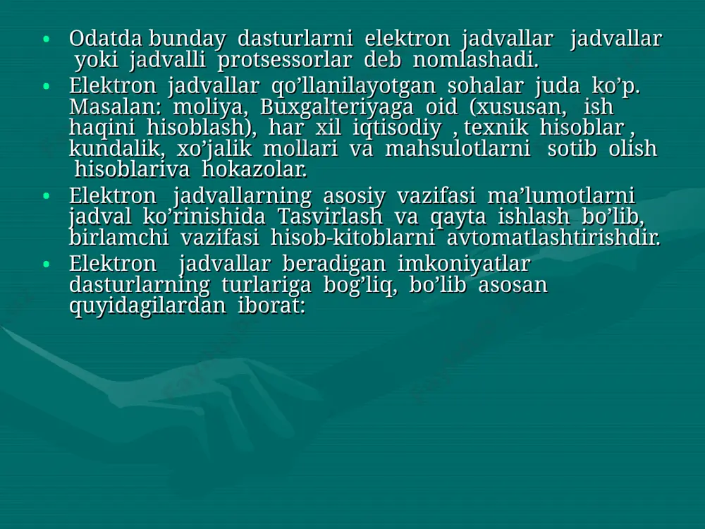 -katakchaga ma’lumotlar kiritish→katakcha belgilanadi, matn son yoki formula kiritiladi, kiritish (enter) klavishi bosiladi. -katakchadagi ma’lumotlarni tahrir qilish→katakcha belgilanadi, f2 (tahrir qilish holatiga o’tish) klavishi bosiladi, tahrir qilish bajariladi, kiritish klavishi bosiladi. -katakchadagi yoki katakchalar bloki belgilanadi, o’chirish (delete) klavishi bosiladi. son- raqam belgilardan iborat (birinchi belgisi “-“ bo’lishi mumkin) orasida faqat bitta “,” (o’nli kasrning butun va kasr qismlarini ajratuvchi) belgisi bo’lgan ketma-ketlik. misollar: 3; -5,1234; 10,01. kiritlayotgan son katakcha kengligiga sig’masa, u holda excel uni turiga qarab eksponensial yoki “########” ko’rinishda ifodalaydi. formula – katakchaga kiritilayotgan “=” (tenglik) belgisidan boshlangan ketma-ketlikdir. formulada sonlar, katakcha adreslari va funksiyalar arifmetik amallar orqali bog’lanadi. misollar: =a1 + 7 * b2, =45 * sin(b2) – 11/c1 matn – katakchaga kiritilgan ketma-ketlik son ham, formula ham bo’lmagan hol. bu holda excel uni matn deb tushunadi. matnli ma’lumotlarning faqat katakcha kengligidagi qismi ko’rinib turadi. matnning ko’rinmayotgan qismini formulalar satridan yoki katakchani kengaytirib ko’rish mumkin. bir …