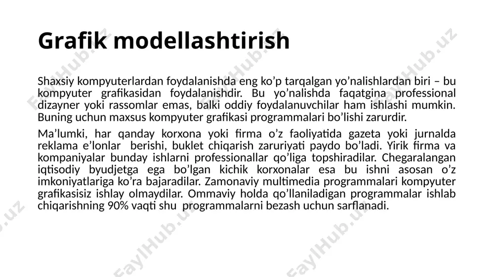 li grafikada yaratilgan rasmlar logotip, illyustratsiyalar va zastavkalar yaratishda foydalaniladi. fraktal grafik fraktal grafik – bu matematik tenglamalar yordamida tashkil etiladigan tasvirdir. eng sodda fraktal obyekt sifatida qor uchqunlarini, yoki paporotnik bargini keltirish mumkin. shuning uchun ham fraktal obyekt chizish yoki bezash asosida emas, balki programmalashtirish asosida hosil bo’ladi. kompyuterda tashkil qilingan turli o’yinlarda ham fraktal grafikasidan foydalaniladi. fraktal grafikasi kompyuter xotirasida saqlanib turmaydi. har bir tasvir tenglama yoki tenglamalar sistemasi asosida quriladi. fraktal grafikadagi tenglamaning biror koeffitsientini o’zgartirish orqali butunlay boshqa tasvirni hosil qilish mumkin. uch o‘lchamli grafikani yaratish uch o’lchovli modellashtirish, animatsiyalar yaratish va vizuallashtirishda 3d studio max dasturi dasturiy ta’minotlar bozorining etakchisi hisoblanadi. 3d studio max dasturining yangi versiyalari yanada takomillastirilgan imkoniyatlarni taqdim etadi, qaysikim uch o’lchovli modellar va animatsiyalar yaratuv-chilarning o’sib kelayotgan ehtiyojlarini qondirishdan iboratdir. 3d studio max ochiq arxitekturasi animatorlarga 100 dan ortiq qo’shilgan ilovalaridan oson va tezkor foydalanish imkoniyatlarini beradi. ularda 3d studio max …