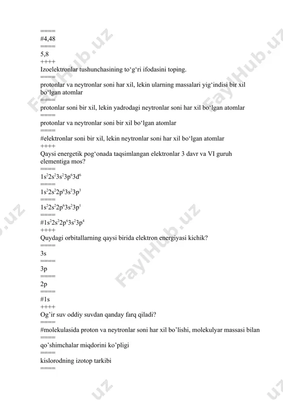 tib borganda, elementning elektronga moyilligi .... qanday o’zgaradi? ==== ortadi, kamayadi ==== ortadi, ortadi ==== #kamayadi, ortadi ==== kamayadi, kamayadi ++++ qaysi qatorda elementlar elektrmanfiyligi ortib borish tartibida joylashgan? ==== #na; mg; al; p; o , f ==== c; si; ge; pb; sn ==== li; na; k; rb; gs ==== i; br; cl; f; h ++++ tartib raqami 34 bo'lgan elementning elektron qobig'ida nechta p-elektron bor? ==== 18 ==== 19 ==== #16 ==== 17 ++++ kimyoviy reaksiya vaqtida ajralib chiqqan yoki yutilgan issiqlik miqdori reaksiyaning … deyiladi. ==== #issiqlik effekti ==== energiya ==== ekzotermik ==== endotermik ++++ oddiy moddalar (elementlar)dan 1mol murakkab modda hosil bo’lishida ajralib chiqadigan yoki yutiladigan issiqlik miqdori moddalarning ………..deyiladi. ==== yonish issiqligi ==== #hosil bo’lish issiqligi ==== kimyoviy issiqlik ==== elektr issiqligi ++++ tartib raqami 25 bo’lgan element atomining nisbiy atom massasi 56 bo’lsa, uning yadrosida nechta neytron bo’ladi? ==== #31 ==== 30 ==== 25 ==== …