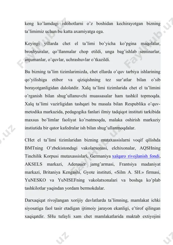 maktablarining yangi musika ta’limi o’quv dasturiga milliy va jaxon mumtoz musikasini o’rganish xam kiritilgan. shuni ta’kidlash lozimki, iktisodiy rivojlangan davlatlarda 60-80-yillarda tabiiy ilmiy ta’lim dasturi tarkybiga fizika, ximiya, biologiya, bazi xollarda astranomiya, geologiya, mineralogiya, fiziologiya, ekologiya elementlari kiritilib, u aqsh va frantsiyada 4 yil, buyuk britaniyada 6 yil, germaniyada 2 yil o’kitiladi. o’kuv predmetlarini integratsiyalash jarayonida yangi-yangi kurslar paydo bo’la boshladi. frantsiyada 70-80-yillarda to’liksiz o’rta maktablar o’kuv dasturidagi tabiiy-ilmiy va gumanitar turkumiga eksperimental, iktisodiy gumanitar kurslar kiritiladi. o’ezirgi paytlarda rivojlangan mamlakatlar o’kuv dasturiga integratsiyalashtirilgan kurslarni kiritish to’la amalga oshirildi-frantsiya maktablarida ularga 6-10 foiz, buyuk britaniya maktablarida 15 foiz o’quv soatlari ajratildi. maktablarda amalga oshirilayotgan isloxotlar ta’lim ishini tabaqalashtirish muammolarini keltirib chikardi. iqtisodiy rivojlangan xorijiy mamlakatlarda ta’limni tabakalashtirish eng dolzarb masalaga aylangan. ukuvchilarni tabaqalashtirib o’qitish xorijiy mamlakatlarda asosan boshlang’ich ta’lim kursidan keyin amalga oshiriladi. masalan, frantsuz pedagoglari ta’lim jarayonida sinf o’kuvchilarini uch tabakaga ajratib o’qitishni afzal ko’radilar. bular kuyidagilar : 1.gomogenlar …
