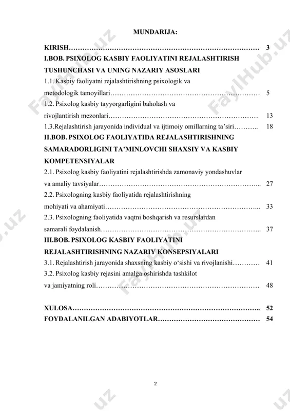 qish, o‘z-o‘zini tahlil qilish va faoliyat natijalarini baholash jarayonlari mujassamdir. rejalashtirish orqali psixolog o‘z kasbiy yo‘lini belgilaydi, vaqt va resurslardan oqilona foydalanadi, shuningdek, faoliyat samaradorligini oshirish imkoniyatiga ega bo‘ladi. mavzuning dolzarbligi shundaki, psixolog kasbiy faoliyatida rejalashtirishning yo‘qligi yoki yetarli darajada yo‘lga qo‘yilmaganligi turli muammolarga olib keladi. xususan, kasbiy charchash (burnout), vaqtni samarasiz boshqarish, o‘zini rivojlantirish imkoniyatlaridan foydalanmaslik, faoliyatda past natijalarga erishish kabi muammolar shular jumlasidandir. shu sababli, psixologning kasbiy faoliyatini rejalashtirish asoslarini nazariy va amaliy jihatdan o‘rganish, ularni ta’lim jarayoniga joriy qilish hamda amaliyotga tatbiq etish zarurdir. bitiruv malakaviy ishining maqsadi:psixolog kasbiy faoliyatini rejalashtirishning nazariy va amaliy asoslarini ochib berish, samarali rejalashtirish jarayonining bosqichlarini aniqlash hamda psixolog kasbiy kompetensiyalarini rivojlantirishga xizmat qiluvchi mexanizmlarni ishlab chiqish. bitiruv malakaviy ishining vazifalari:psixolog kasbiy faoliyatini rejalashtirish tushunchasi, mazmuni va mohiyatini ilmiy-nazariy jihatdan tahlil qilish;kasbiy faoliyatni rejalashtirish tamoyillari va bosqichlarini aniqlash; psixologning kasbiy faoliyatida rejalashtirish samaradorligini ta’minlovchi omillarni o‘rganish; psixolog kasbiy faoliyatida qo‘llaniladigan rejalashtirish metodlari …