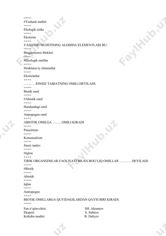 == inson biologiyasi ++++ atrof muhitning inson tanasiga ta'siri …………. tomonidan amalga oshiriladi. ==== biologik kanal ==== ekologik kanal ==== fiziologik kanal ==== #iqlim kanali ++++ muayyan atrof-muhit sharoitida normal hayotni saqlashga qaratilgan insonning atrof-muhitga moslashuvining bio-ijtimoiy jarayoni ………. deyiladi. ==== yangilanish ==== #moslashish ==== omon qolish ==== zararni qoplash ++++ inson tanasiga mumkin bo‘lgan salbiy ta'sirlarga nisbatan favqulodda yashash joyi bu …….. . ==== xavfli hudud ==== ekstremal zona ==== xavf zonasi ==== #noqulay zona ++++ aholi sonining ko‘payishi bilan tashqi sharoit cheklovchi omilga aylanadi va quyidagilarga olib keladi: ==== turli xil shakllarning paydo bo‘lishiga ==== #turlararo raqobat ==== mutatsiyalar ==== turlararo raqobat ++++ hayvonlar populyatsiyasining o‘sishi birinchi navbatda quyidagilar bilan belgilanadi: ==== #tug‘lilish va oziq-ovqat bilan ta’minlanganligi ==== o‘lim va migratsiya ==== unumdorligi va aholi band bo‘lgan hududning hajmi ==== tug‘ilish va o‘lim ++++ turlarning tarkibi bo‘yicha har xil bo‘lgan biosenozni tanlang: ==== dasht ==== #tropik o‘rmon ==== …