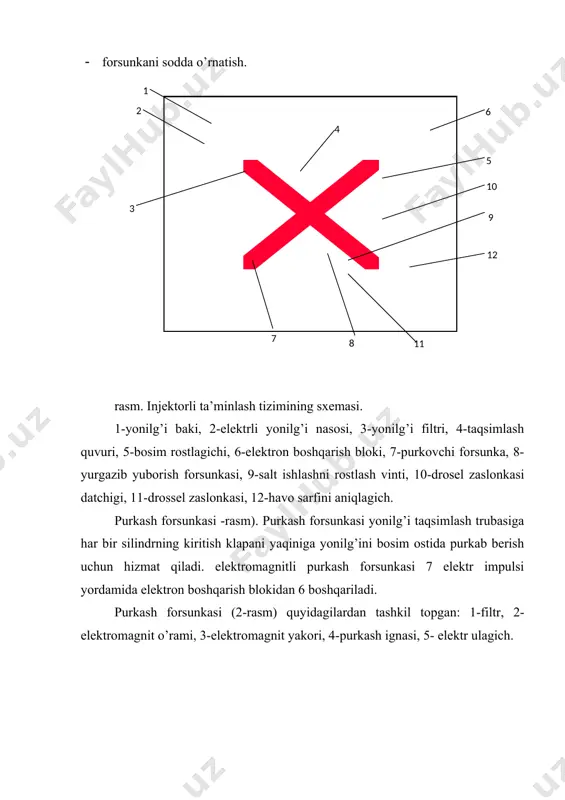 o’g’risida ma’lumot berib turadi. tirsakli valning aylanishlar chastotasini aniqlash datchigi. datchik ebb ga tirsakli valning aylanishlar chastotasi to’g’risida ma’lumot uzatib turadi. ishlash prinsipi (2.117-rasm). dvigatelga havoni yurgazib yuborish tizimi uzatadi. dvigatelning ish ko’rsatkichlaridan biri bu dvigatelga so’rilayotgan havo bo’li, uning miqdori havo sarfini aniqlagichda o’lchanadi. boshqa datchiklar esa drossel zaslonkasining holatini, tirsakli valning aylanishlar chastotasini, havo va dvigatel xaroratini o’lchaydi. bu datchiklardan kelayotgan signallar elektron boshqarish bloki (ebb)da qabul qilinib tahlil qilinadi va shu asosida forsunkalarga impulslar yuboriladi. адабиётлар: 1. x. mamatov, avtomobillar, ii- kism. toshkent «uzbkiston».1998. 215-224 betlar. 2. n.vishnyakov i dr. avtomobil. osnovo` konstruktsii. moskva. mashinostroyeniye. 1986. 187-204 betlar. 3. x.mаmаtov, yu.t.turdiyev, sh.sh.shomаxmudov, m.o.kodirxonov аvtomobillаr. konstruksiya vа nаzаriya аsoslаri. toshkent .«ukituvchi», 1982, 215-223 betlаr. 4. daewoo tico. rukovodstvo po remontu i tyexnicheskomu obslujivаniyu. bishkek. «turkiston», 2000 y. 71-78 betlаr. 5. daewoo damas. rukovodstvo po remontu i tyexnicheskomu obslujivаniyu. . «turkiston», 2000 y. 148-156 betlаr. 6. daewoo nexia. rukovodstvo …