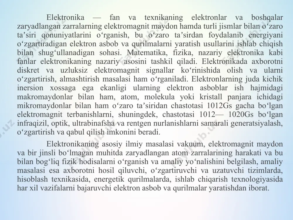 gilangan ikkita qisqichga ulangan. tashqi elektr maydon bo'lmagan hoi uchun elektronli va teshikli yarim o'tkazgichlarning yondosh sohasida elektr maydon hosil bo'lishini qarab chiqamiz. elektronlarning issiqlik energiyasi eng kichik holatiga mos keluvchi energiyadagi harakati tufayli elektronlar teshikli yarim o'tkazgich bilan chegaradosh qatlamda to'planadi, teshiklar esa teshikli yarim o'tkazgichga qo'shni elek­tronli yarim o'tkazgich qatlamida to'planadi. shuning uchun elektronli yarim o'tkazgich 2 bilan chegaradosh bo'lgan te­shikli yarim o'tkazgich 1 qatlam manfiy potensialga ega bo'ladi (2 - rasm). quyida yarim o'tkazgichli diodni tavsiflovchi eng muhim parametrlarni (muhit temperaturasi 20°c bo'lgan hoi uchun) keltiramiz: teskari kuchlanishning eng katta qiymati 400 v; eng katta teskari kuchlanishda teskari tok (o'rtacha qiymati) 0,3 ma; eng katta to'g'rilangan tok (to'g'ri tokning o'rtacha qiymati) 300 ma; eng katta to'g'ri tokda diodda kuchlanishning tushishi 0,5 v. diod deb odatda bir yoki bir necha elektr o‘tishlar va tashqi zanjirga ulanish uchun ikkita chiqishga ega bo‘lgan elektr o‘zgartirgich asbobga aytiladi. yarim o‘tkazgichli diodlar …
