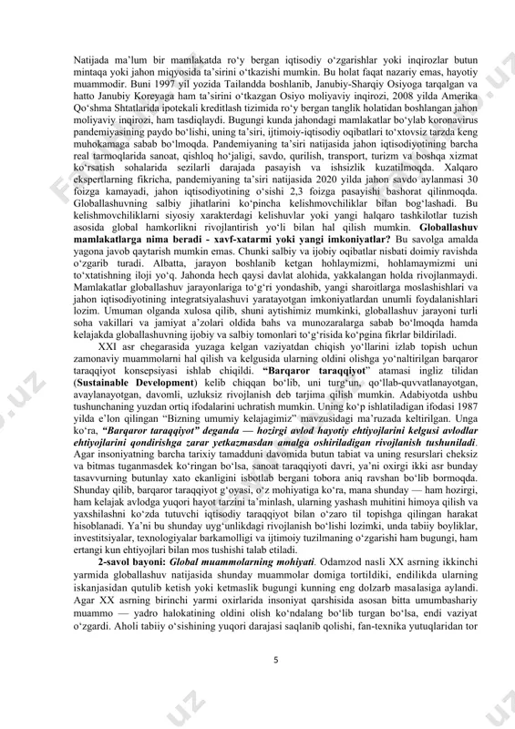 ‘tadi; b) turli tovarlar va xizmatlar jahon bozorlarining yaratilishi; v) ko‘rsatilgan tovarlar va xizmatlarga jahon narxlarining shakllanishi, ular mazkur tovarlar va xizmatlar milliy ishlab chiqaruvchilarining siyosatini ko‘p jihatdan belgilashi. g) iqtisodiyotning internatsionallashuvi va pul rolining unifikatsiyalashuvi bilan bir qatorda ommaviy jamiyat va unga mos keluvchi ommaviy madaniyatning shakllanishi serqirra globallashuvning o‘ziga xos xususiyatiga va muayyan darajada uning qonuniy mahsuliga aylandi. jahon hamjamiyati yangi ming yillik chegarasidan o‘tib, o‘z tarixiy rivojlanishining butunlay yangi bosqichiga qadam qo‘ydi. bu bosqich jahon ijtimoiy-siyosiy, iqtisodiy va ma’naviy aloqalarining tarqoqligi va parokandaligidan ularning birligi, yaxlitligi, yagonaligi va globalligiga o‘tish bilan tavsiflanadi. globallashuv jarayonining ijobiy tomonlari quyidagicha: - globallashuv natijasida xalqaro mehnat taqsimoti va ixtisoslashuv chuqurlashib boradi. ma’lum bir davlat ma’lum bir sohaga ixtisoslashib boradi. bunda mablag‘ va resurslar samarali sarflanadi; - globallashuv jarayonining asosiy ustunliklaridan biri, xarajatlarning qisqarishi, narxlarning pasayishi va barqaror iqtisodiy o‘sishga olib keluvchi ishlab chiqarish miqyosidagi tejam hisoblanadi; -globallashuvning ijobiy jihatlaridan yana biri …