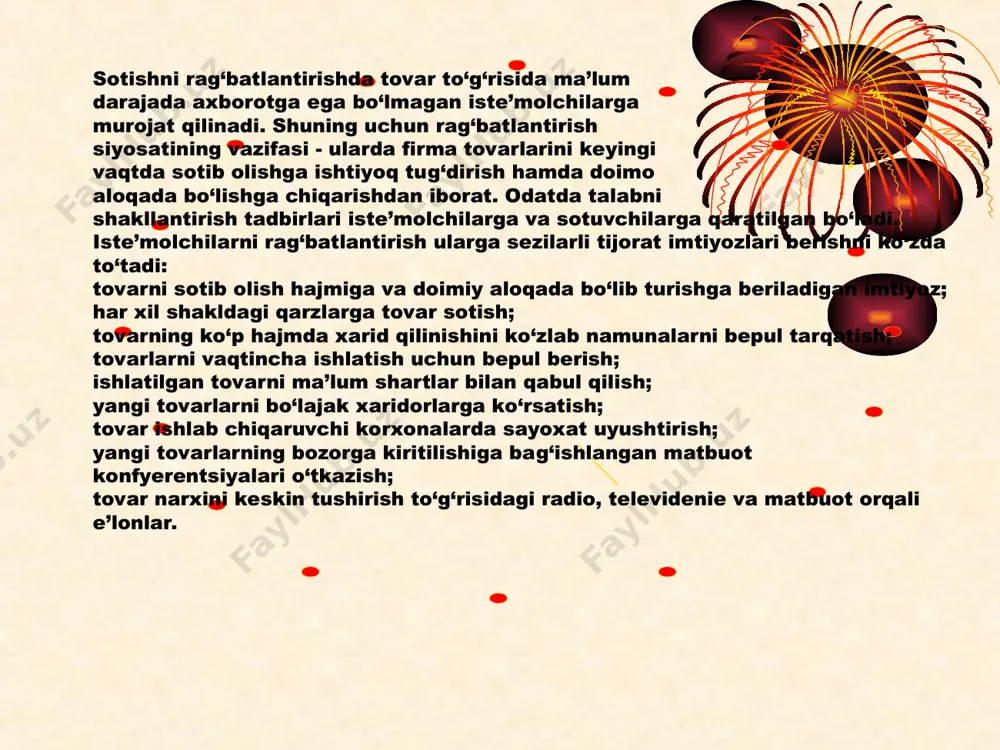 shbilarmon korxonaga birlashtiradi. bu mutaxassislar boshqa odamlarga, shuningdek nozik muloqotlarga moyilligi, reklama va bozor vositalarini yaxshi bilishi bilan ajralib turadi. agentlik mutaxassislarning hamkorlikda ishlashi va yakka mijozlar bilan samarali reklama yaratib berishlari uchun qulay muhit tugdiradi. reklama agentligi reklama beruvchilar bilan reklamani xaridorlarga etkazuvchi ommaviy axborot vositalari o‘rtasida go‘yo vositachilik vazifasini bajaradi. agentlik taklif etadigan xizmatlar ayrim reklama beruvchilar imkoniyatiga qaraganda sifat jihatidan yuksak, turi jihatidan g‘oyat kengdir. marketingda kommunikatsiya deb biz har xil auditoriyalar adresiga, shu jumladan, xaridorlar, sotuvchilar, ta’minotchilar, aksionerlar, boshqaruv organlariga firmadan yuboriladigan signallar majmuini tushunamiz. kommunikatsiya siyosati (promotion mix) – bu tovarni bozorga siljitish usullari yig‘indisidir. kommunikatsiyaning asosiy vositalari bo‘lib pablik rileyshnz – jamoat bilan aloqa; reklama; sotishni rag‘batlantirish; maxsus ko‘rgazmalar; shaxsiy sotuv hisoblanadi. reklama- bir tomonlama ommaviy kommunikatsiyaning to‘lovli turi bo‘lib, u aniq bir xzomiydan chiqib, firma faoliyatini bevosita yoki bilvosita qo‘llab-quvvatlashga xizmat qiladi. shaxsiy sotuv- bu «ulchalik» kommunikatsiya yakka ikki tomonlama bo‘lib (dialog) maqsadi …