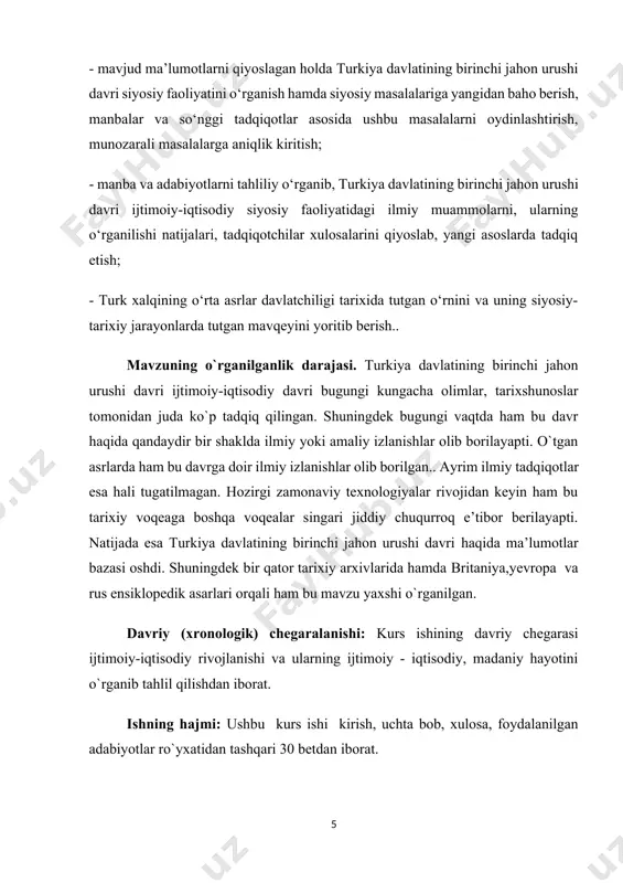 avr haqida qandaydir bir shaklda ilmiy yoki amaliy izlanishlar olib borilayapti. o`tgan asrlarda ham bu davrga doir ilmiy izlanishlar olib borilgan.. ayrim ilmiy tadqiqotlar esa hali tugatilmagan. hozirgi zamonaviy texnologiyalar rivojidan keyin ham bu tarixiy voqeaga boshqa voqealar singari jiddiy chuqurroq e’tibor berilayapti. natijada esa turkiya davlatining birinchi jahon urushi davri haqida ma’lumotlar bazasi oshdi. shuningdek bir qator tarixiy arxivlarida hamda britaniya,yevropa va rus ensiklopedik asarlari orqali ham bu mavzu yaxshi o`rganilgan. davriy (xronologik) chegaralanishi: kurs ishining davriy chegarasi ijtimoiy-iqtisodiy rivojlanishi va ularning ijtimoiy - iqtisodiy, madaniy hayotini o`rganib tahlil qilishdan iborat. ishning hajmi: ushbu kurs ishi kirish, uchta bob, xulosa, foydalanilgan adabiyotlar ro`yxatidan tashqari 30 betdan iborat. i bob 1914-yilda antanta davlatlarining tashqi siyosiy manfaatlarida turkiya 1.1. g’arb davlatlarining turkiyadagi manfaatlari 1914-yilda urush boshlanishi bilan har ikkala urushayotgan koalitsiya ham murakkab va bir-biriga qarshi diplomatik faoliyat olib bordi. tashqi ishlar vazirliklari betaraf davlatlarning pozitsiyasiga g'ayrat bilan ergashdilar. usmonlilar imperiyasida …