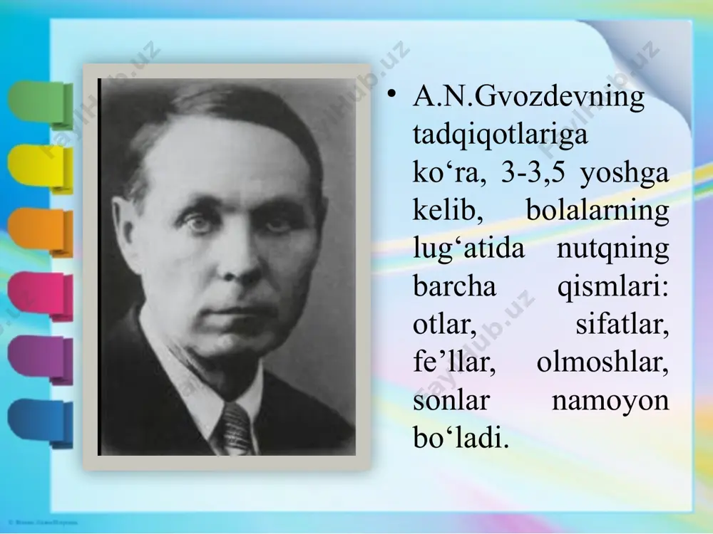 lishda quyidagilar inobatga olinadi 1. 2. 3. 4. 5. 6. bola foydalanadigan tovush komplekslarining umumiy soni (10 yoki 100?); ularning ma’nosi qanchalik differensiallashganligi (tovush kompleksi yordamida muayyan ob'ektlar, harakatlar, fazilatlarning barqaror belgilanishi); taqlid yordamida alohida bo‘g‘in va so‘zlarni qaytarish. muloqotda bolaning faolligi va tashabbuskorligi lug‘atda umumiy ishlatiladigan so'zlarning mavjudligi va ularning bola tomonidan qo‘llaydigan "noaniq" so‘zlar va tovush komplekslari, shuningdek og'zaki bo'lmagan vositalar o‘rtasidagi mutanosiblik; so'zlashuvning bo'g'inli tuzilishini, muloqotda bola tomonidan qo‘llaydigan keng tarqalgan va "noaniq" so'zlarni rivojlanganlik darajasi; nutqni tushunish xususiyatlari va darajasi: bola unga tanish bo'lgan odatiy holatlarda iltimos, talablarga, ongli ravishda javob beradishi verbal vositalarga ega bo‘lgan bolalarni tekshirish usullari maxsus tanlangan rasmlarga ko'ra ob'ektlar, harakatlar, sifatlarni nomlash ko‘rgazma materiallar tematik (o'quv buyumlari, o'yinchoqlar, transport vositalari, kasblari, kiyimlari va boshqalar) yoki vaziyatga qarab (ustaxona, do'kon, sinf) tanlanadi. bolaning mavhum ma'noga ega so'zlarni tushunishini aniqlash tekshiruvchi tegishli so'zlarni aytadi va bolaga har bir so'z uchun ma'nosi o'xshash boshqa …