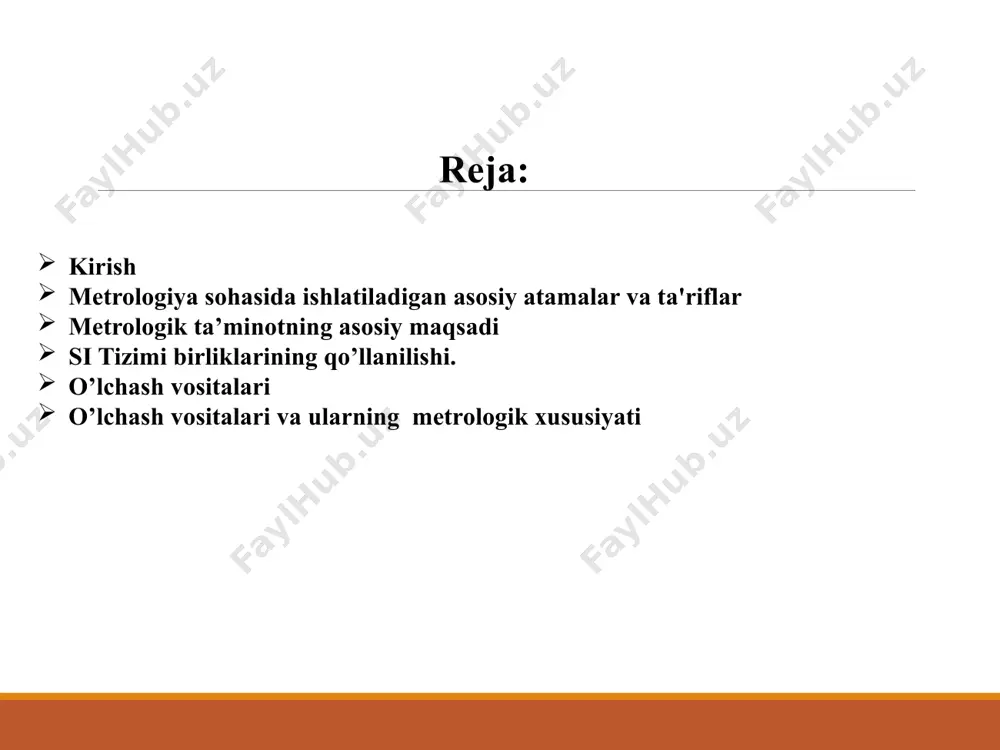 i va qo’llanilish imkoniyatlarini aniqlashda muhim xossalariga mе'yoriy talablarni asoslashdir. bozor munosabatlari sharoitida yuqori sifatli mahsulotni yaratish, ta'minlash va rеjalashtirish zamonaviy baholash uslublari va sifat ko’rsatkichlarining standartlari bo’yicha bilimni talab etadi. ushbu darslikning asosiy maqsadi, kеrakli ma'lumotlarni bеrish va amaliyotda uslublarning qo’llanilishini ko’rsatishdir. shu bilan bir qatorda iqtisodni rivojlantirishning asosiy shartlaridan biri, mahsulot sifatini sistеmatik ravishda oshirib borishdir. mahsulot sifatini oshirish, assortimеntlarini kеngaytirish va istе'molchilar talabini qondirish hozirgi bozor iqtisodiyotining muhim vazifalaridan biri hisoblanadi. mahsulot sifat darajasini ta'minlash uchun standartlar va tеxnik shartlarning mе'yoriy talablariga bog’liq holda sistеmatik nazorat ishlarini olib borish lozimdir. «mеtrologiya» - o’lchashlar, ularning birligini ta'minlash usullari va vositalari hamda kеrakli aniqlikka erishish yo’llari haqidagi fandir. "mеtrologiya" so’zi grеkcha so’zdan olingan bo’lib, "mеtron"-o’lchash, "logos" - ta'limot ma'nosini anglatadi, ya'ni, o’lchash ta'limoti dеmakdir. «kattalik»- sifat jihatidan ajratilishi va miqdor jihatidan aniqlanishi mumkin bo’lgan hodisalar, moddiy tizim, moddaning xususiyatidir. «o’lchaniladigan kattalik»-o’lchash vazifasining asosiy maqsadiga muvofiq o’lchanishi lozim bo’lgan, o’lchanadigan …