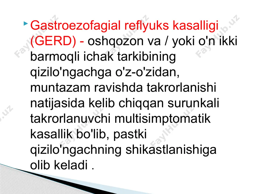 arli og'riq yoki og'ir noqulaylik. ushbu alomat yurak urishi bilan birga bo'lishi mumkin va yurak muammolari yoki miyokard infarktining namoyon bo'lishi sifatida qaralishi mumkin. ovozning xirillashi laboratoriya diagnostikasi: trandelenburg holatida majburiy tekshiruv bilan oshqozon floroskopiyasi ; - qizilo'ngachning shilliq qavatidan biopsiya materialini yig'ish bilan endoskopik tekshirish (rentgen usuli bilan solishtirganda kamroq ma'lumotli); - bernshteyn testini o'tkazish: vazogastrik kateter orqali 5 ml / min tezlikda qizilo'ngachning shilliq qavati 0,1 m xlorid kislota eritmasi bilan sug'oriladi; ijobiy test bilan sternum orqasida 10-15 daqiqada aniq yonish hissi paydo bo'ladi - eroziya bilan reflyuks ezofagit uchun test 100% hollarda ijobiydir; 24 soat davomida qizilo'ngach ichidagi ph monitoringi. kuniga reflyukslarning soni va davomiyligini va ph darajasi 4 dan pastga tushish vaqtini aniqlaydi. fegds ( fibroesophagogastroduodenoskopiya ). ezofagitni aniqlash, saraton va qizilo'ngachning prekanseroz kasalliklarini aniqlash uchun amalga oshiriladi. uni amalga oshirish uchun ko'rsatmalar: - empirik davolashning samarasizligi ( proton pompasi inhibitörleri); - tashvish beruvchi alomatlar mavjud …