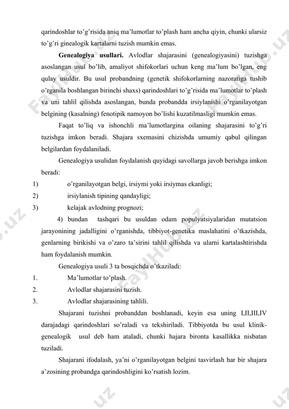 ya’ni o’rganilayotgan belgini tasvirlash har bir shajara a’zosining probandga qarindoshligini ko’rsatish lozim. ma’lumotlar to’plangandan keyin shajarani grafik tasvirlanadi, keyin esa genetik tahlil variantlaridan biri-genealogik tahlil o’tkaziladi. bunda shuni unutmaslik kerakki, belgi shajarada bir necha marta uchrashi mumkin. agar belginnig irsiy ekanligi aniqlansa, irsiylanish tipini aniqlashga o’tiladi. belgilar kodominantlik (masalan abo,mn qon guruhlari); autosoma-dominant (masalan, 1905 yilda birinchi marta tasvirlangan braxidaktiliya), autosoma-retsessiv (dnk ning ultrabinafsha nur ta’siridan keyin reparatsiya natijasidakelib chiqadigan pigmentli kseroderma), yoki geterosoma-dominant, geterosom-retsessiv tipida irsiylanishi mumkin. egizaklar usuli. usulning mohiyati quyidagidan iborat: avval m3 (monozigota) va d3 (digizot) egizaklar va umumiy populyatsiyadan nazorat guruhlar tuziladi. keyin alohida-alohida m3 va d3 lar bir birlari bilan solishtiriladi. bu usul yordamida belgining rivojlanishida irsiyat va muhitning nisbatan roli anilanadi. ammo, belgilarning konkordatligi (o’xshashligi) va diskondartligini (o’xshashmasligi) tahlil qilishdan avval egizaklarning qanday zigotaligini aniqlab olish zarur. m3 maydalanishning dastlabki bosqichlarida bitta zigotadan ikkiga bo’linib, mustaqil rivojlangan bolalardir. shuning uchun ham m3lar genotiplari …