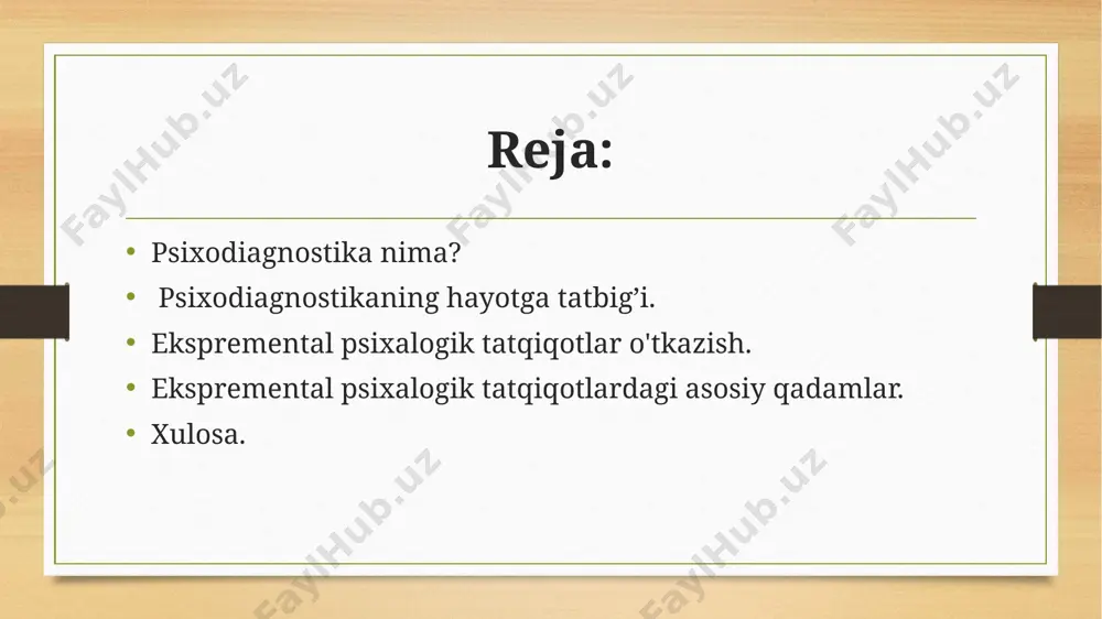 va boshqa sohalar uchun kerak bo'lgan. bundan tashqari, psixodiagnostika o'z ichiga bir nechta turli metod va usullarni o'z ichiga olgan holatda, har bir kishi uchun maxsus bo'lib ishlaydi. ekspremental psixalogik tatqiqotlar o'tkazish. eksperimental psixologik tatqiqotlar, psixologik jarayonlarni tushunish, o'rganish va tahlil qilish maqsadida tuzilgan nazariy va amaliy usullarni o'rganishda amal qilingan jarayonlardir. bu tatqiqotlar asosan laboratoriya sharoitida, ko'rsatilgan tuzilgan mashqda yoki boshqa tuzilgan sharoitlarda amalga oshiriladi. ular ma'lum bir tajriba yoki holatning sababi bilan qanchalik o'zgarishi mumkinligini baho qilish uchun tuziladi. eksperimental psixologik tatqiqotlar o'tkazish jarayonlarini tuzishda quyidagi asosiy qadamlar olib boriladi: maqsadning belgilanishi: psixologik sabablar yoki holatlar haqida ma'lumot olish uchun maqsadlar belgilanadi. hipotezani yaratish: maqsad asosida tushuntirilgan muammoni hal qilish uchun biror xulosaning (hipoteza) belgilanishi. qo'llanma tuzish: muammolarni hal qilish uchun qo'llanma (eksperimental o'yin, so'rovnoma, sinov va boshqa vositalar) tuziladi. ushbu qo'llanmani bajarish: qo'llanmani amalga oshirish jarayoni boshlanadi. bu jarayon odatda laboratoriya sharoitida yoki boshqa tuzilgan muhitda o'tkaziladi. …